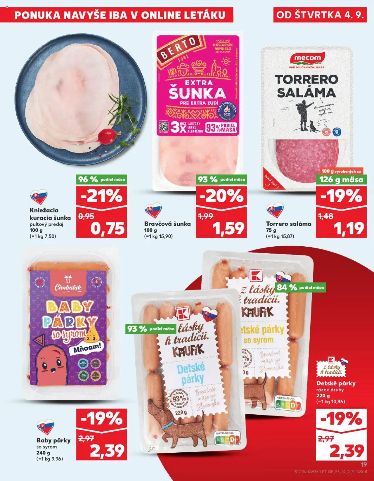 Nové Kaufland akcie – leták je platný od 04.09.2025 | Strana: 19 | Produkty: Saláma, Šunka, Bravčové mäso, Párky