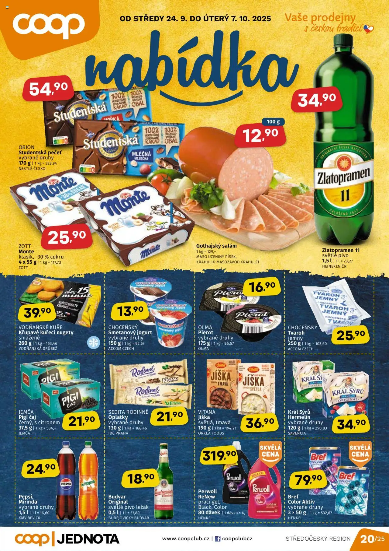 Coop leták - Středočeský region od 24.09.2025 | Strana: 1 | Produkty: Salám, Tvaroh, Mirinda, Nugety