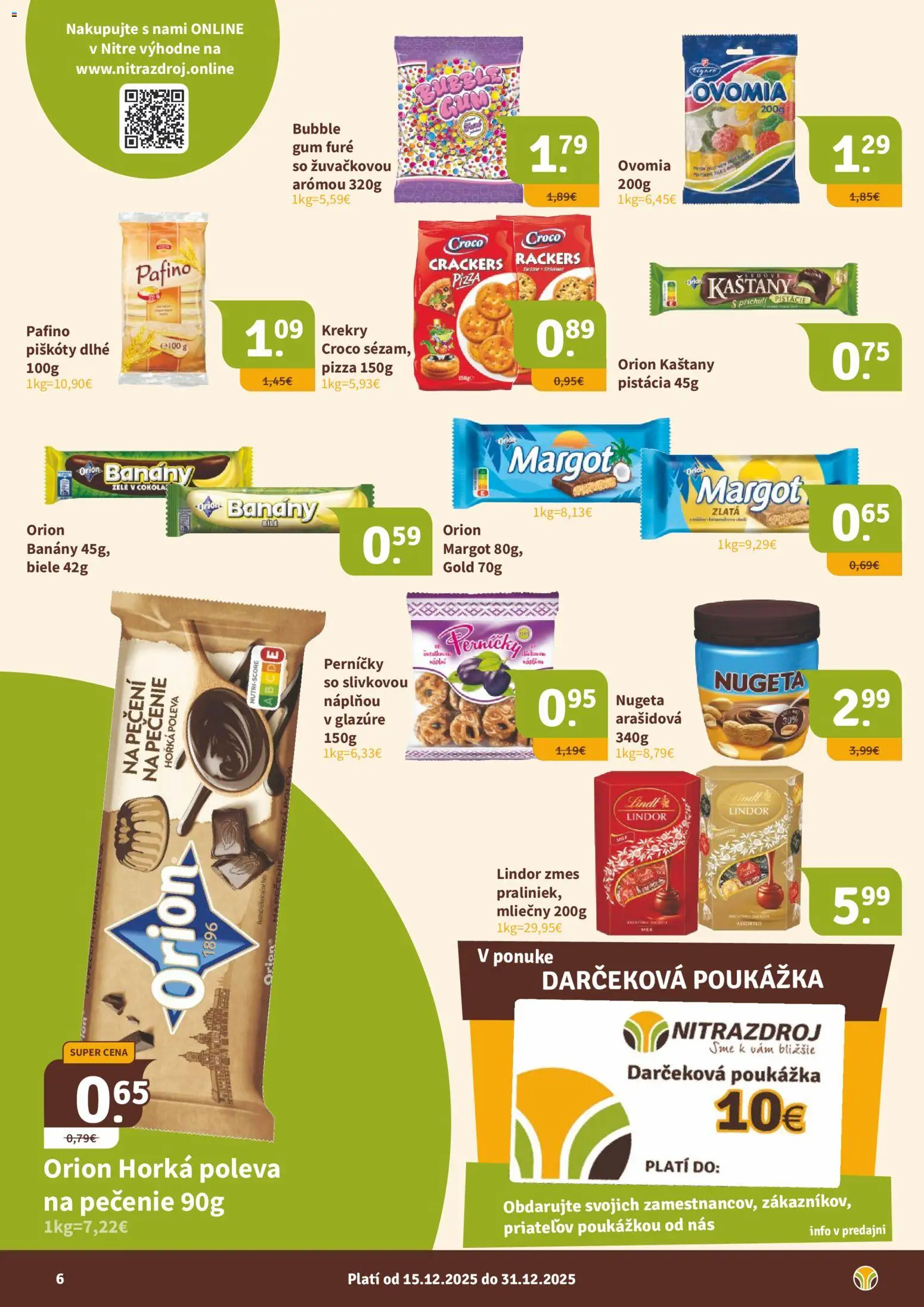 Nové Nitrazdroj akcie – leták je platný od 15.12.2025 | Strana: 6 | Produkty: Pizza, Banány, Lindor, Lindt