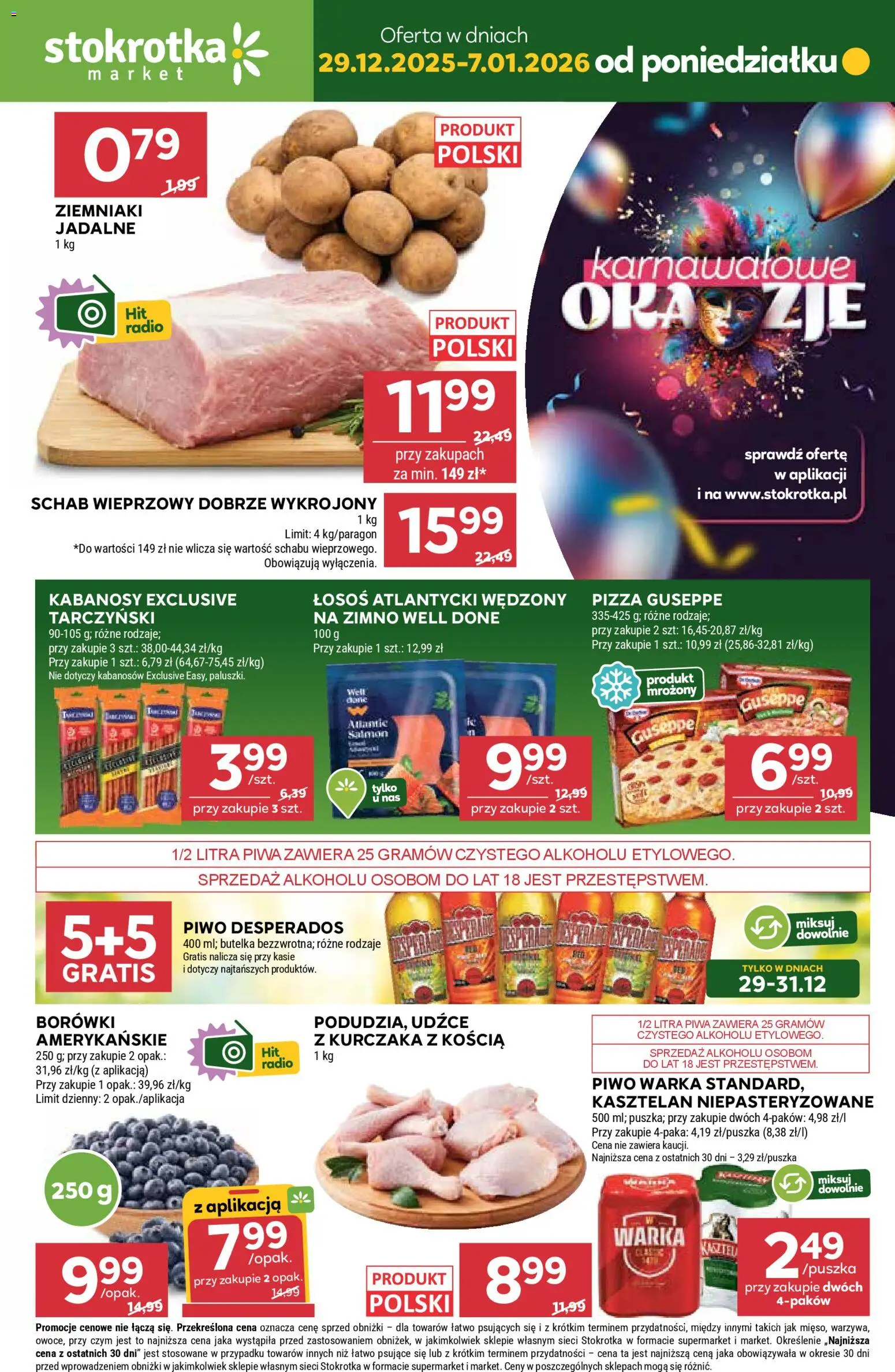 Stokrotka Gazetka - Market od 29.12.2025 | Strona: 1 | Produkty: Schab, Łosoś atlantycki, Pizza, Ziemniaki