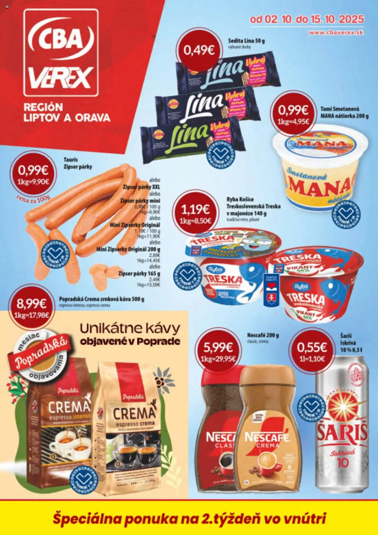 Nové CBA Verex akcie – leták je platný od 02.10.2025 | Strana: 1 | Produkty: Káva, Šariš, Ryba, Párky