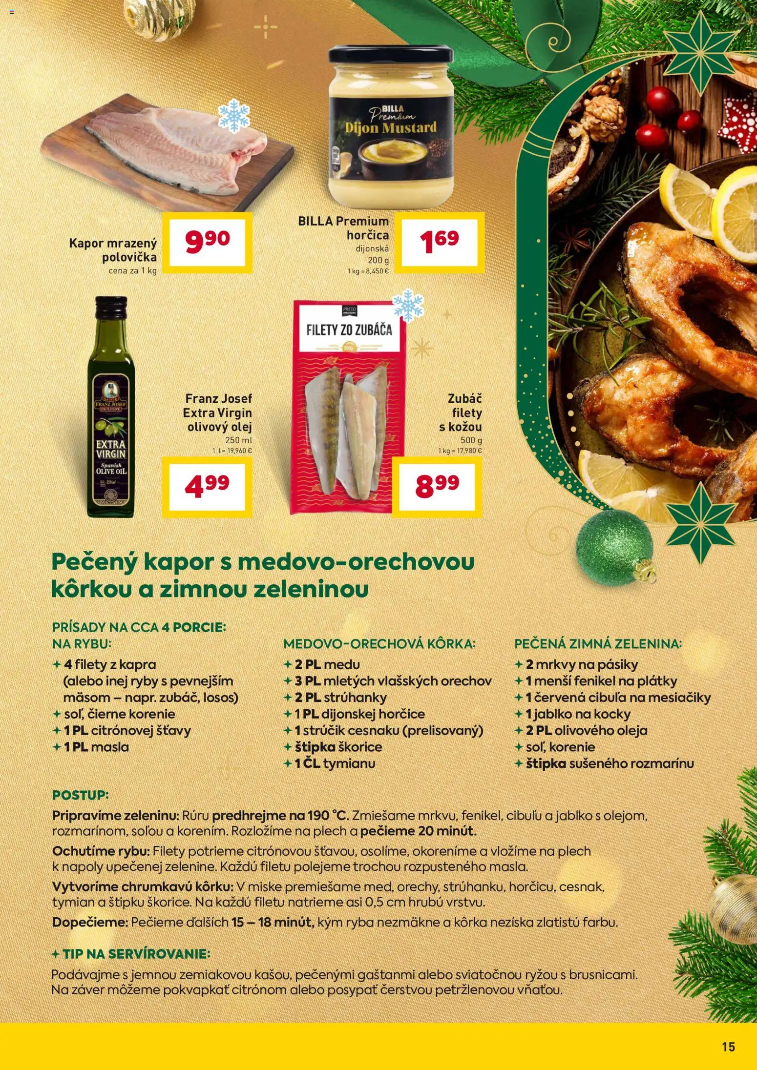 Nové Billa akcie – leták je platný od 10.12.2025 | Strana: 15 | Produkty: Olivový olej, Ryba, Korenie, Cibuľa
