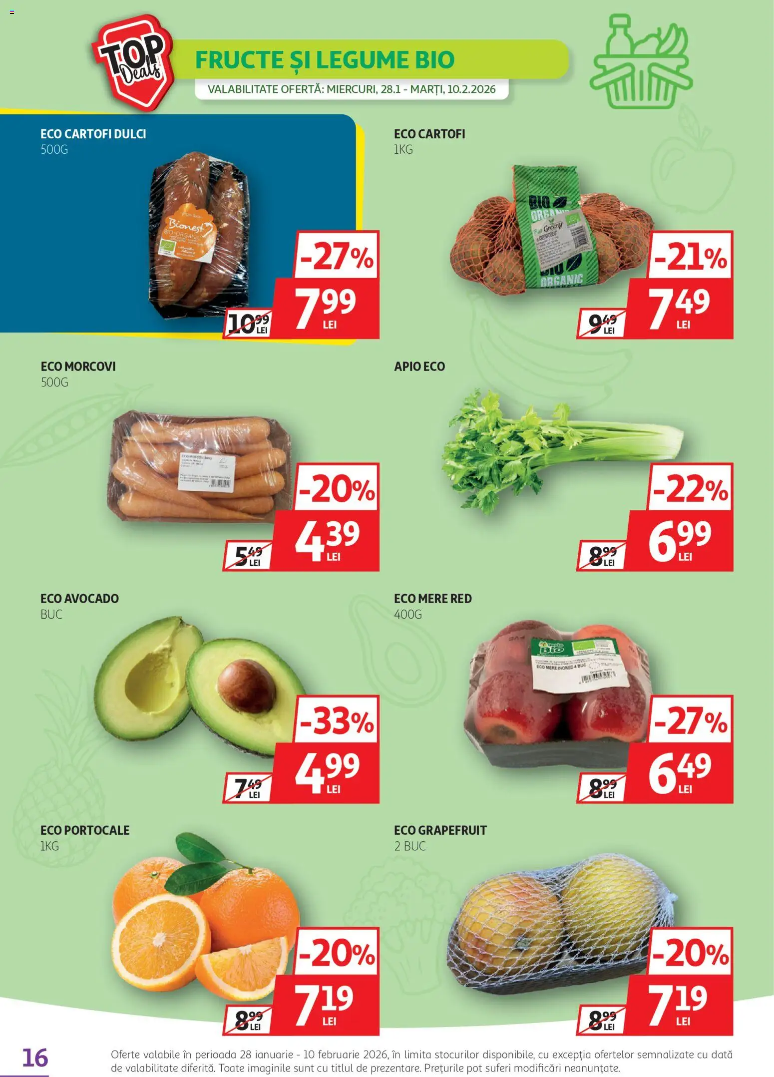 Noul catalog Auchan – valabil de la 28.01.2026 | Pagină: 16 | Produse: Taneli organik hardal, Avocado, Cartofi, Legume