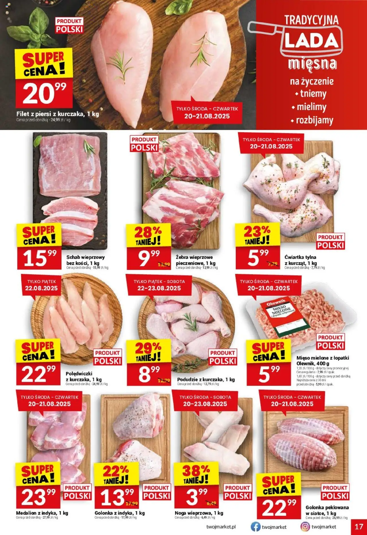 Twój Market Gazetka od 20.08.2025 | Strona: 17 | Produkty: Piersi, Mięso, Schab wieprzowy, Mięso mielone