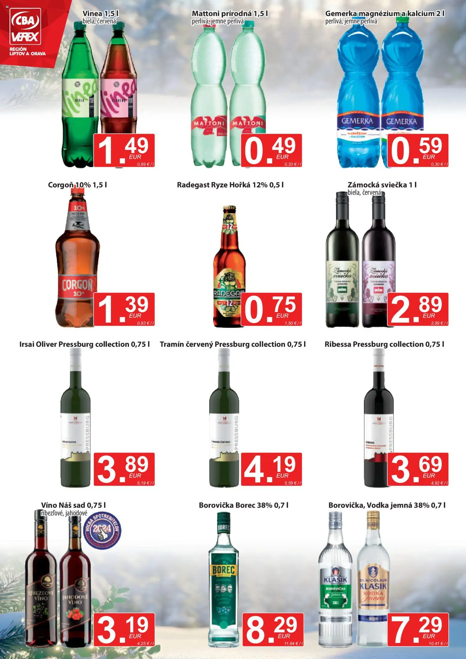 Nové CBA Verex akcie – leták je platný od 22.01.2026 | Strana: 10 | Produkty: Borovička, Corgoň, Mattoni, Gemerka