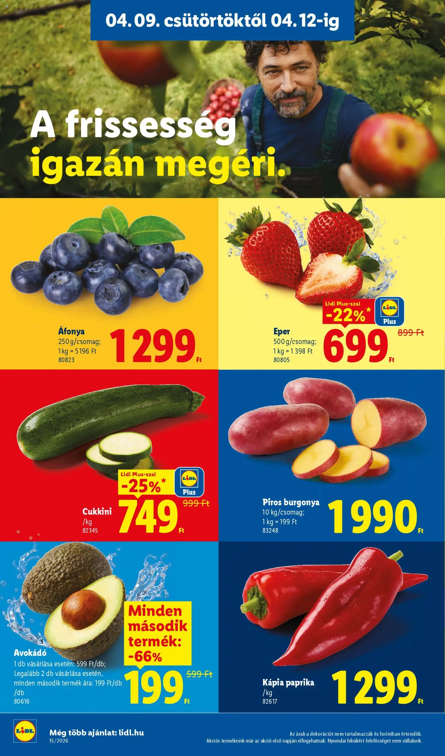 Lidl akciós ujság - amely érvényes a következő dátumtól: 09.04.2026 | Oldal: 4 | Termékek: Áfonya, Burgonya, Eper, Avokádó