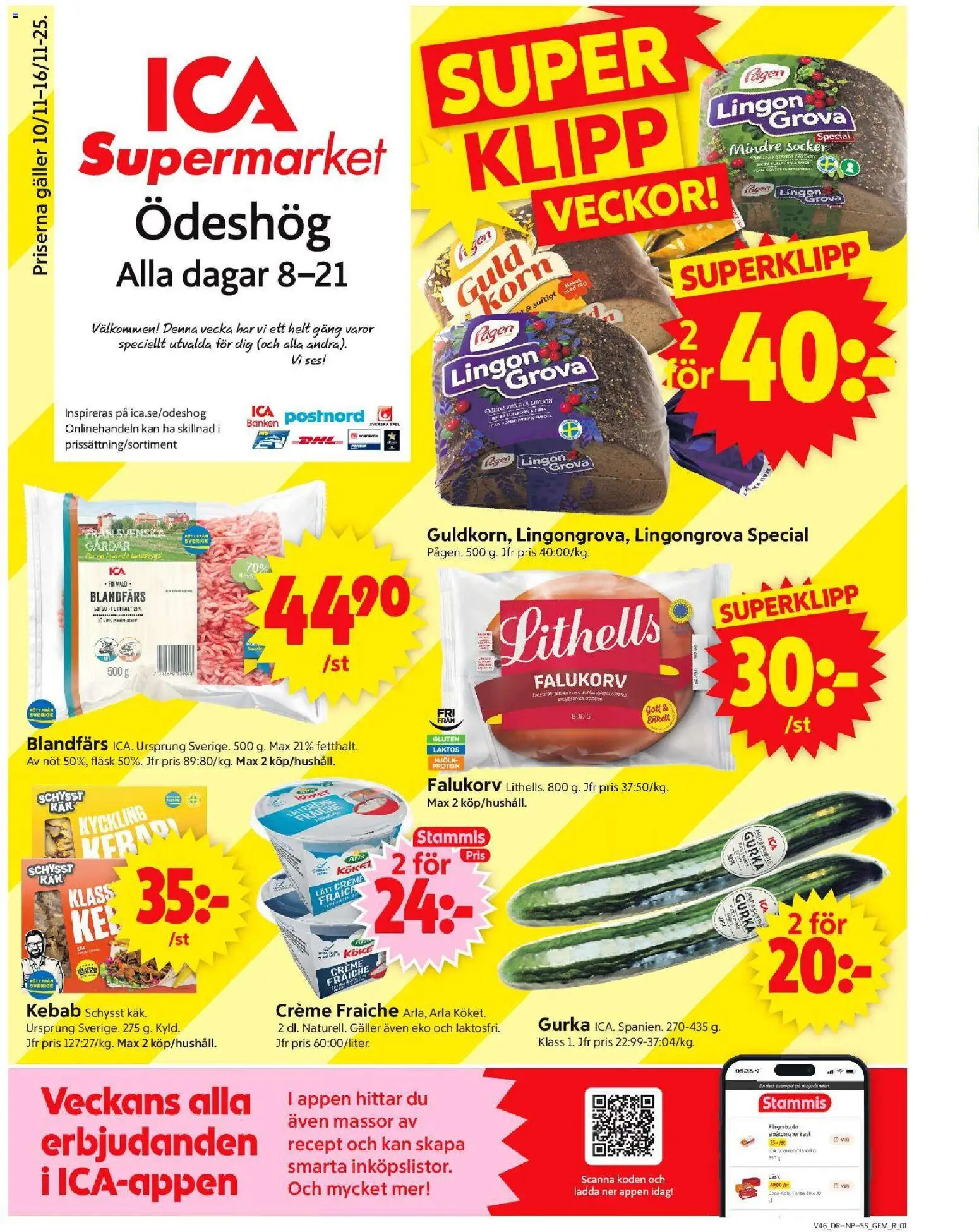 ICA Supermarket reklamblad aktuell från 10.11.2025 | Sida: 1 | Produkter: Gem, Falukorv, Blandfärs, Gurka