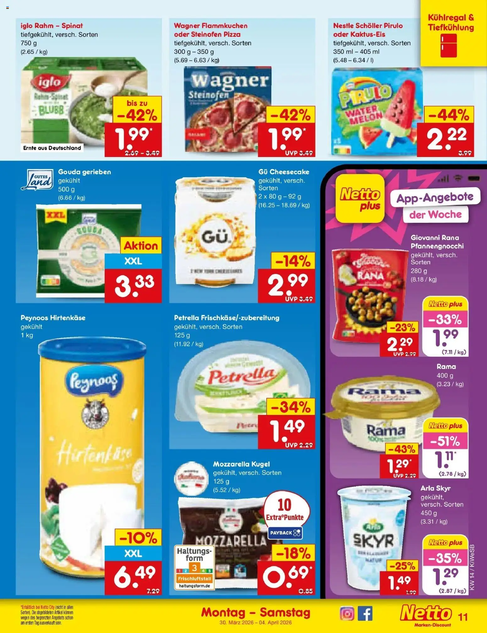 Netto Marken-Discount Prospekt Bad Friedrichshall	 – gültig ab 30.03.2026 | Seite: 11 | Produkte: Mozzarella, Gouda, Skyr, Pizza