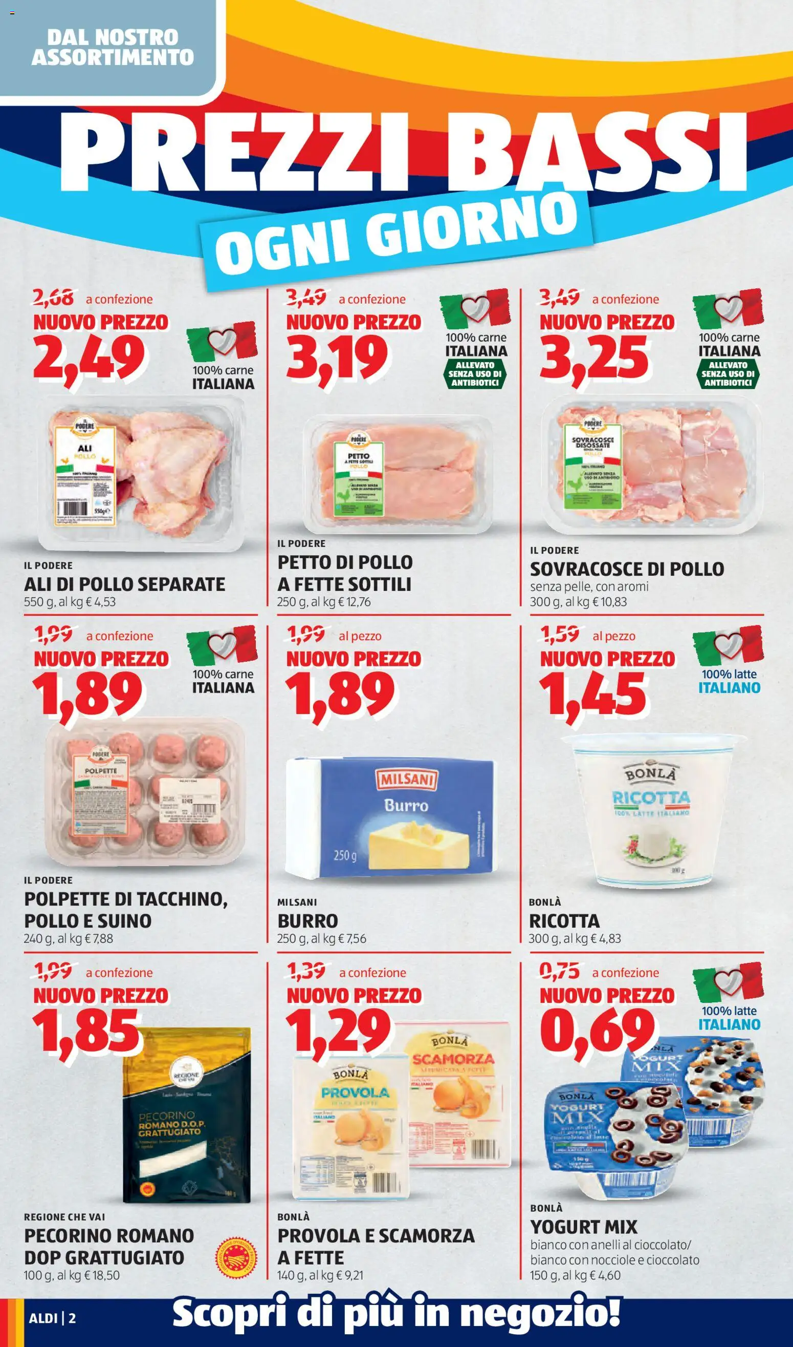 Volantino Aldi del 13.04.2026 | Pagina: 2 | Prodotti: Suino, Burro, Ricotta, Pecorino Romano