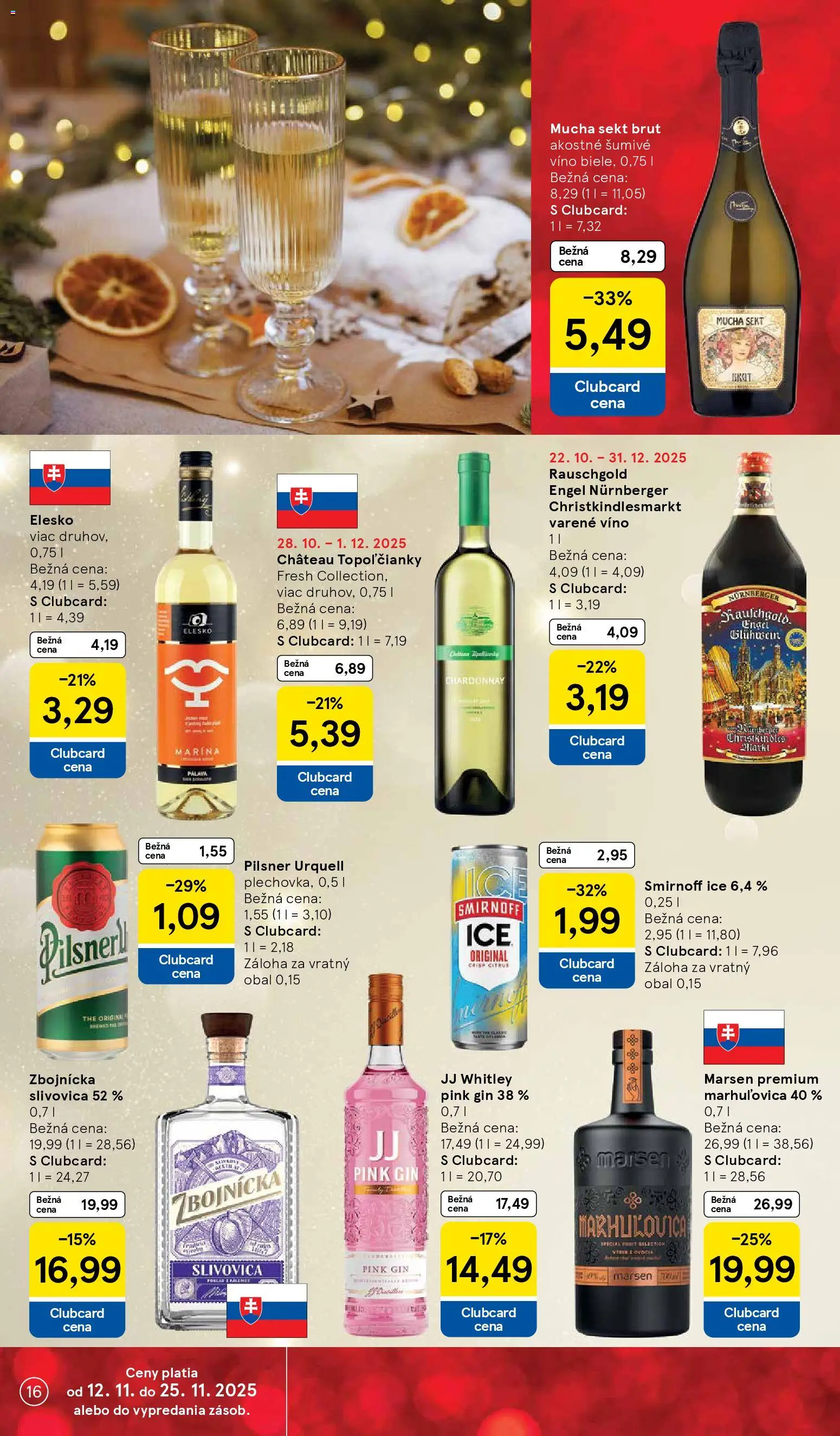Nové Tesco akcie – leták je platný od 12.11.2025 | Strana: 16 | Produkty: Pilsner Urquell, Víno, Slivovica, Gin