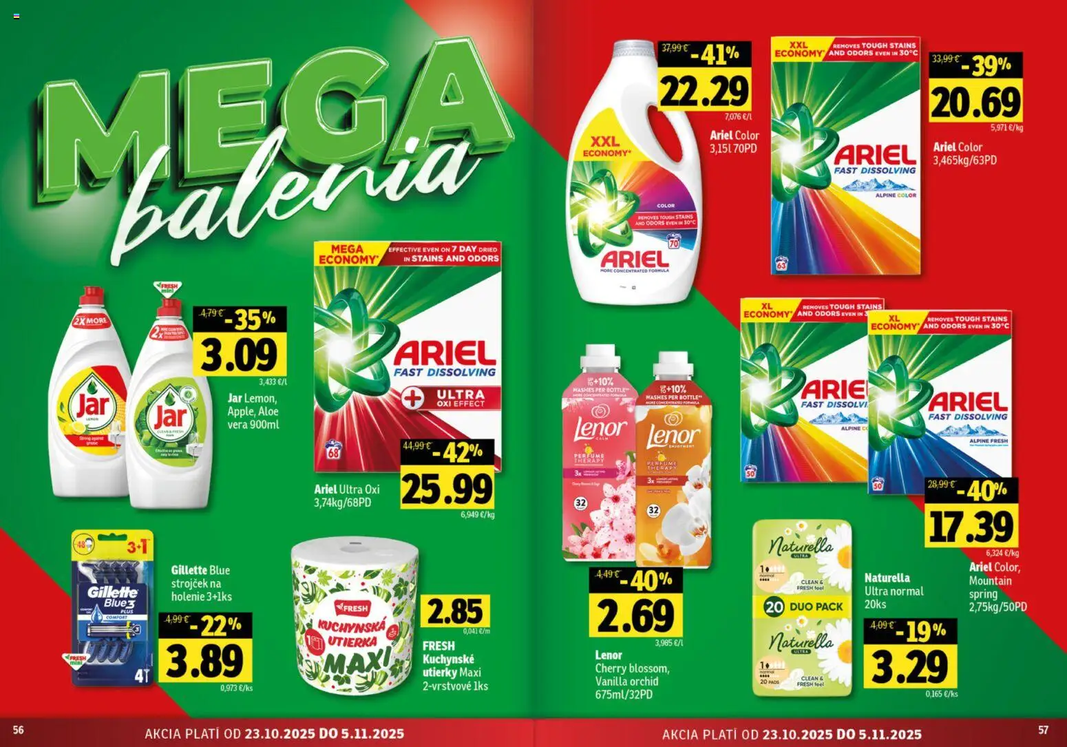 Nové Fresh akcie – leták je platný od 23.10.2025 | Strana: 29 | Produkty: Strojček, Ariel, Lenor