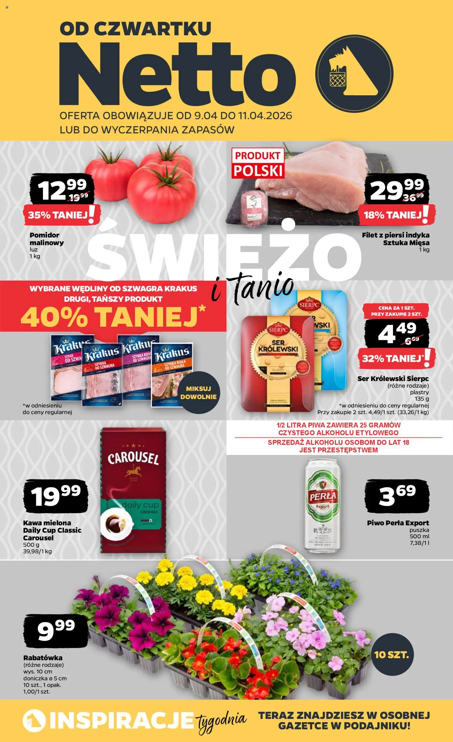 Netto gazetka od czwartku spożywcza od 09.04.2026 | Strona: 1 | Produkty: Piersi, Piwo perła, Doniczka, Kawa