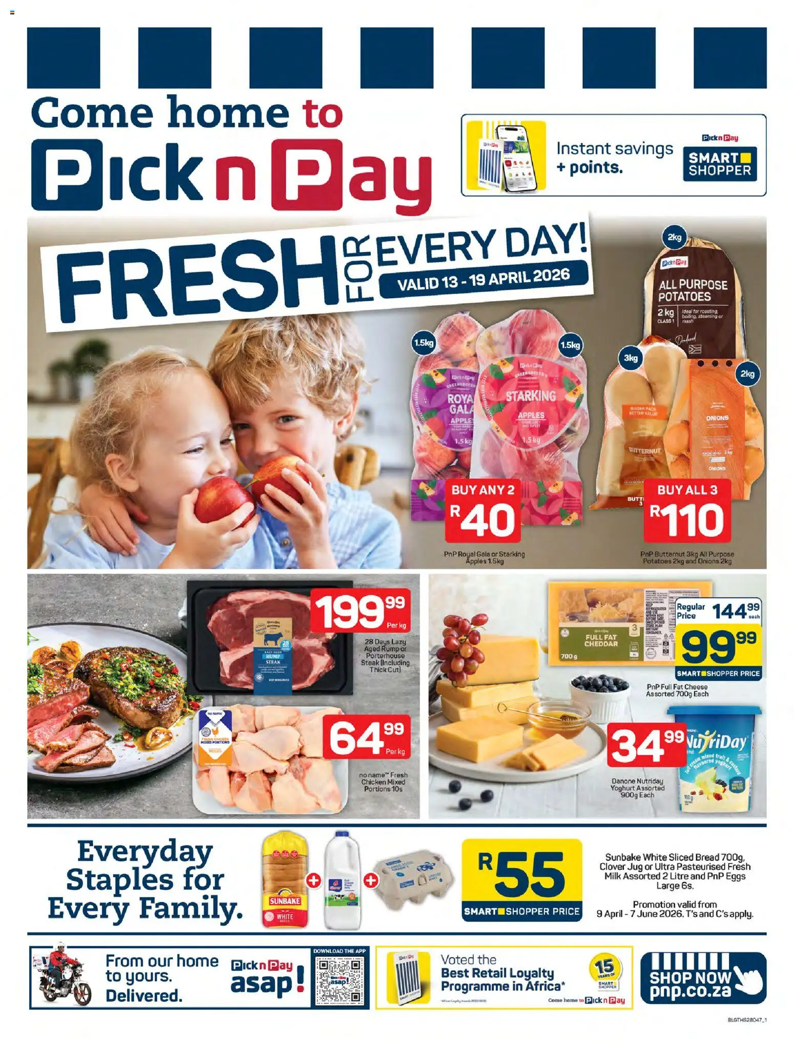 New Pick n Pay catalogue – valid from 13.04.2026 | Page: 1 | Products: Yoghurt, Steak, Eggs, Onions