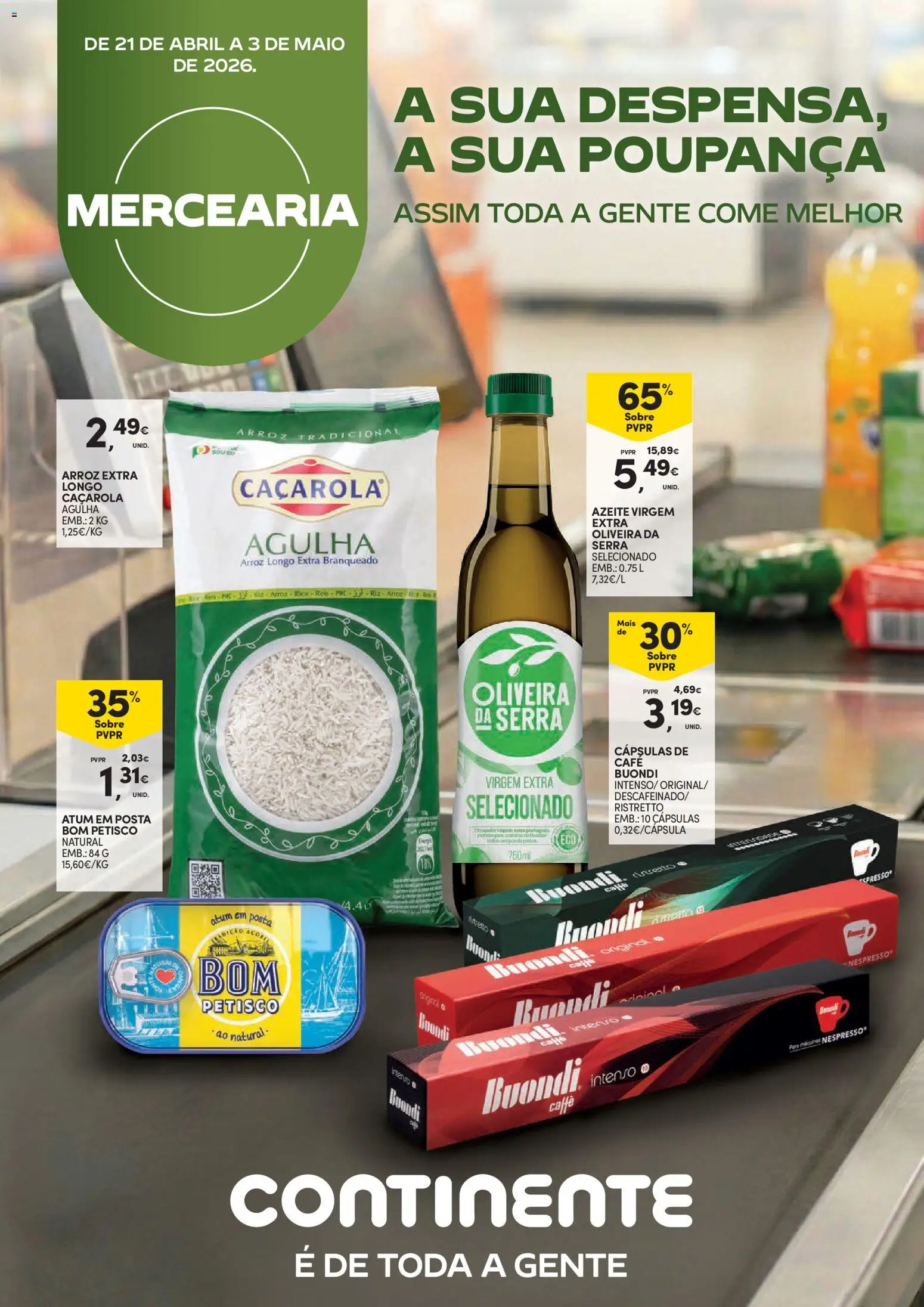 Continente Mercearia A sua despensa, a sua poupança │ válido de 21.04.2026 | Página: 1 | Produtos: Atum, Azeite, Cafe buondi, Nespresso