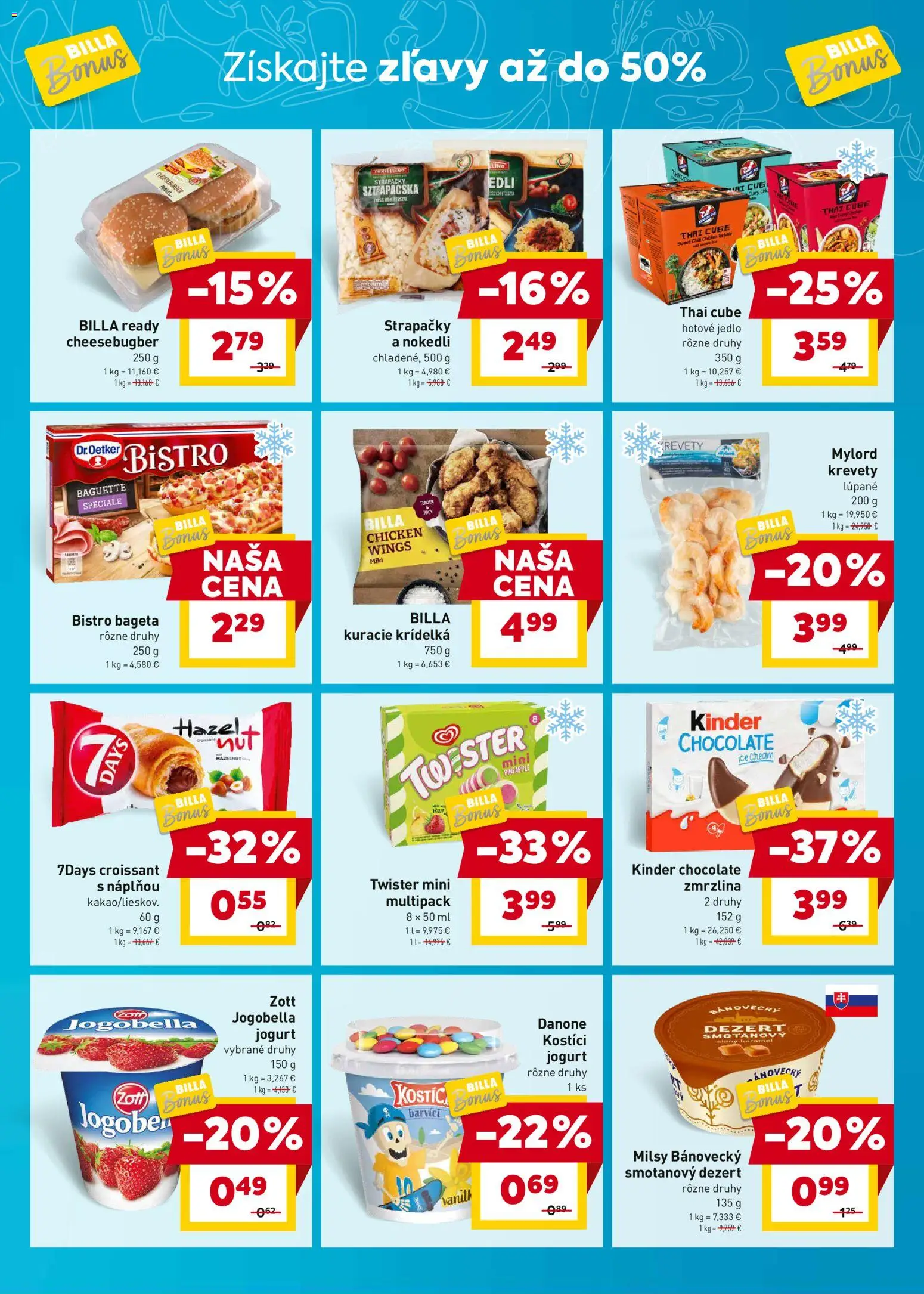Nové Billa akcie – leták je platný od 07.04.2026 | Strana: 3 | Produkty: Jogurt, Krevety, Kinder, Zmrzlina