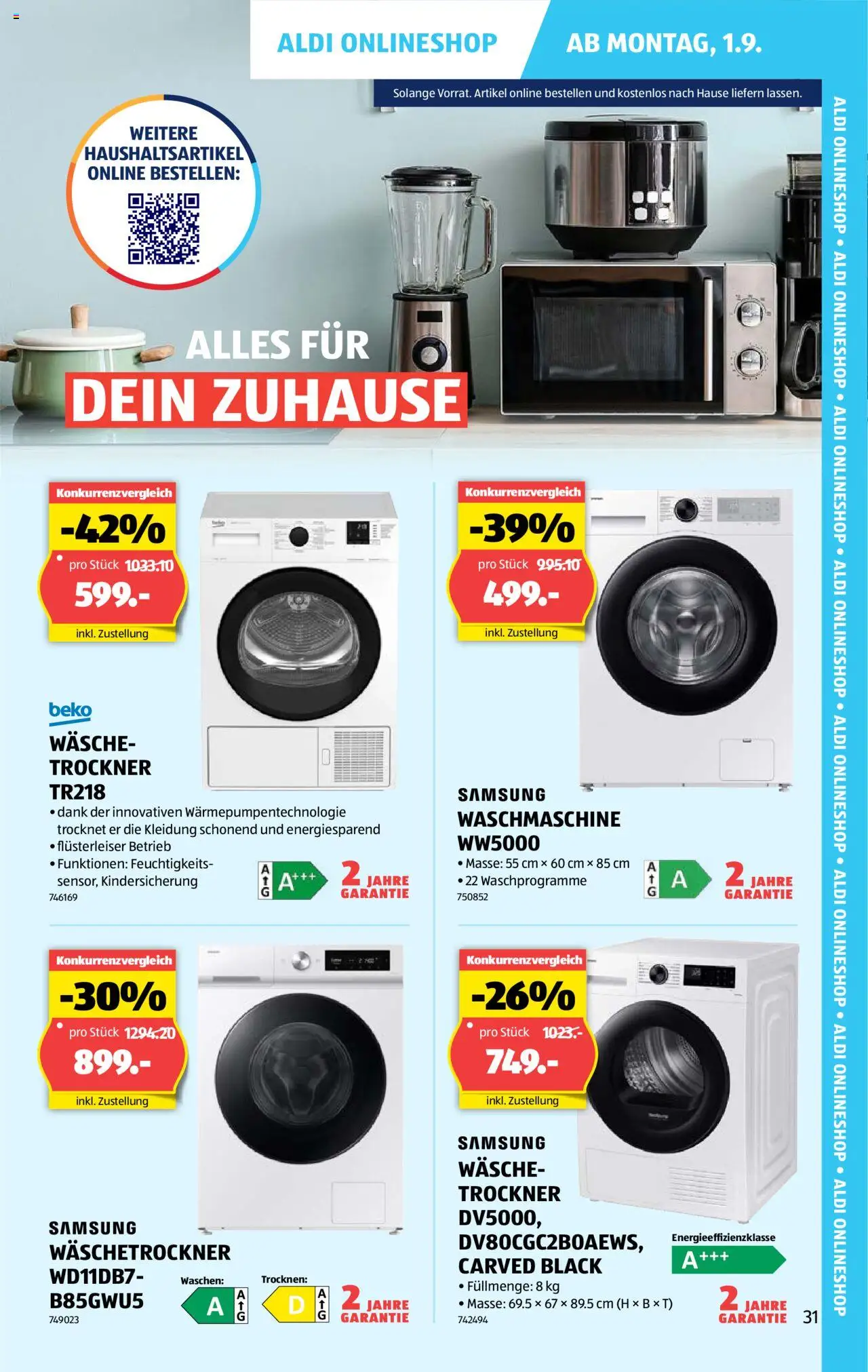 Aldi Aktionen ab 28.08.2025 | Seite: 31 | Produkte: Samsung, Waschmaschine, Trockner