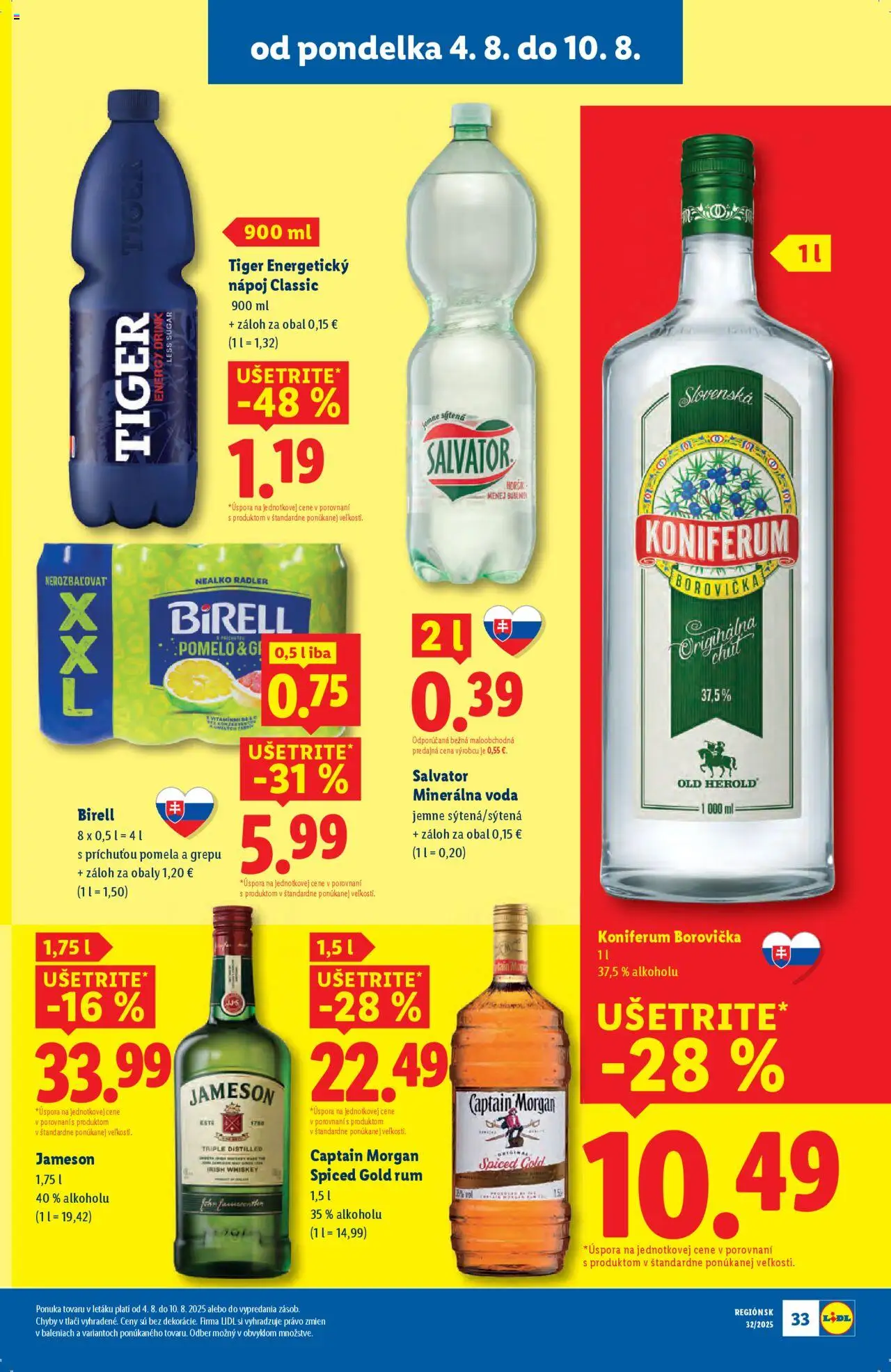 Lidl leták │ platný od 04.08.2025 | Strana: 41 | Produkty: Jameson, Koniferum, Captain Morgan, Minerálna voda