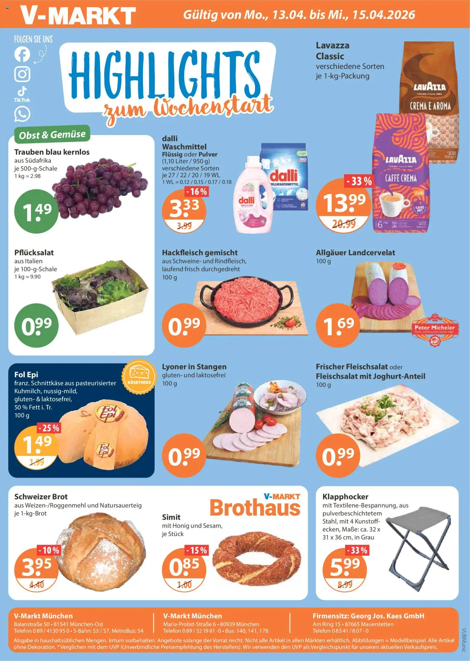 V-Markt München – gültig ab 09.04.2026 | Seite: 24 | Produkte: Lavazza, Gemüse, Waschmittel, Telefon