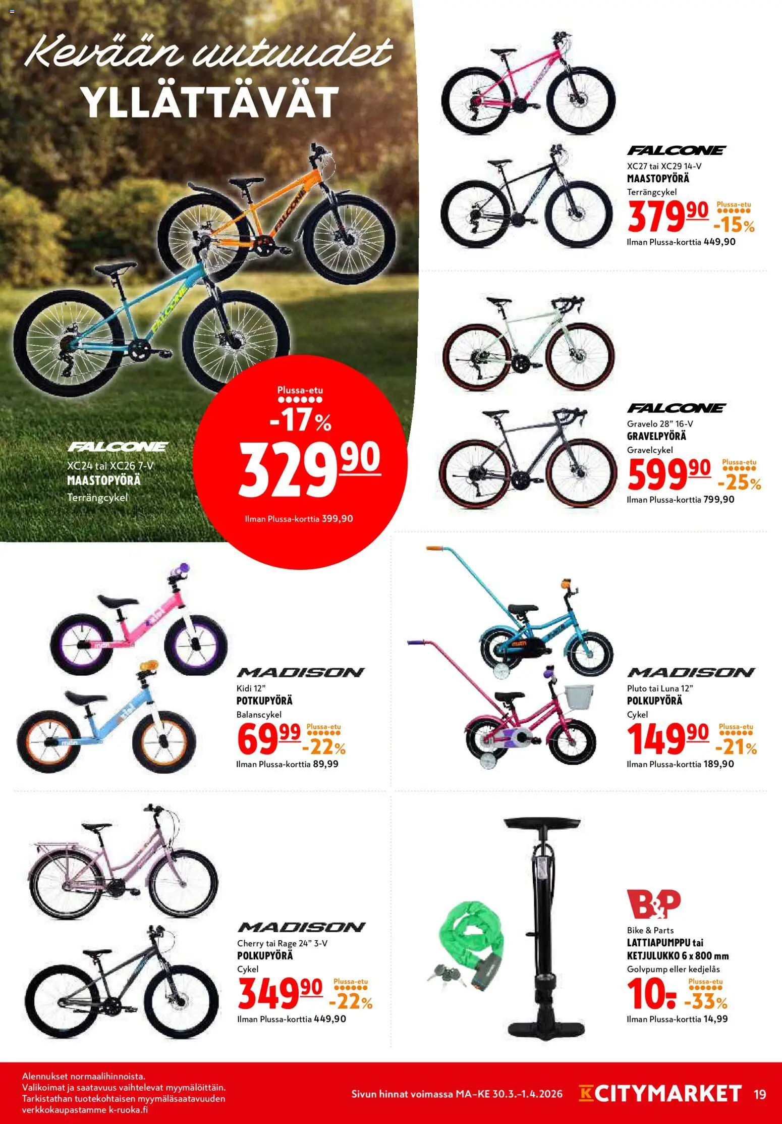 K-Citymarket tarjoukset – voimassa 30.03.2026 alkaen | Sivu: 19 | Tuotteet: Maastopyörä, Polkupyörä