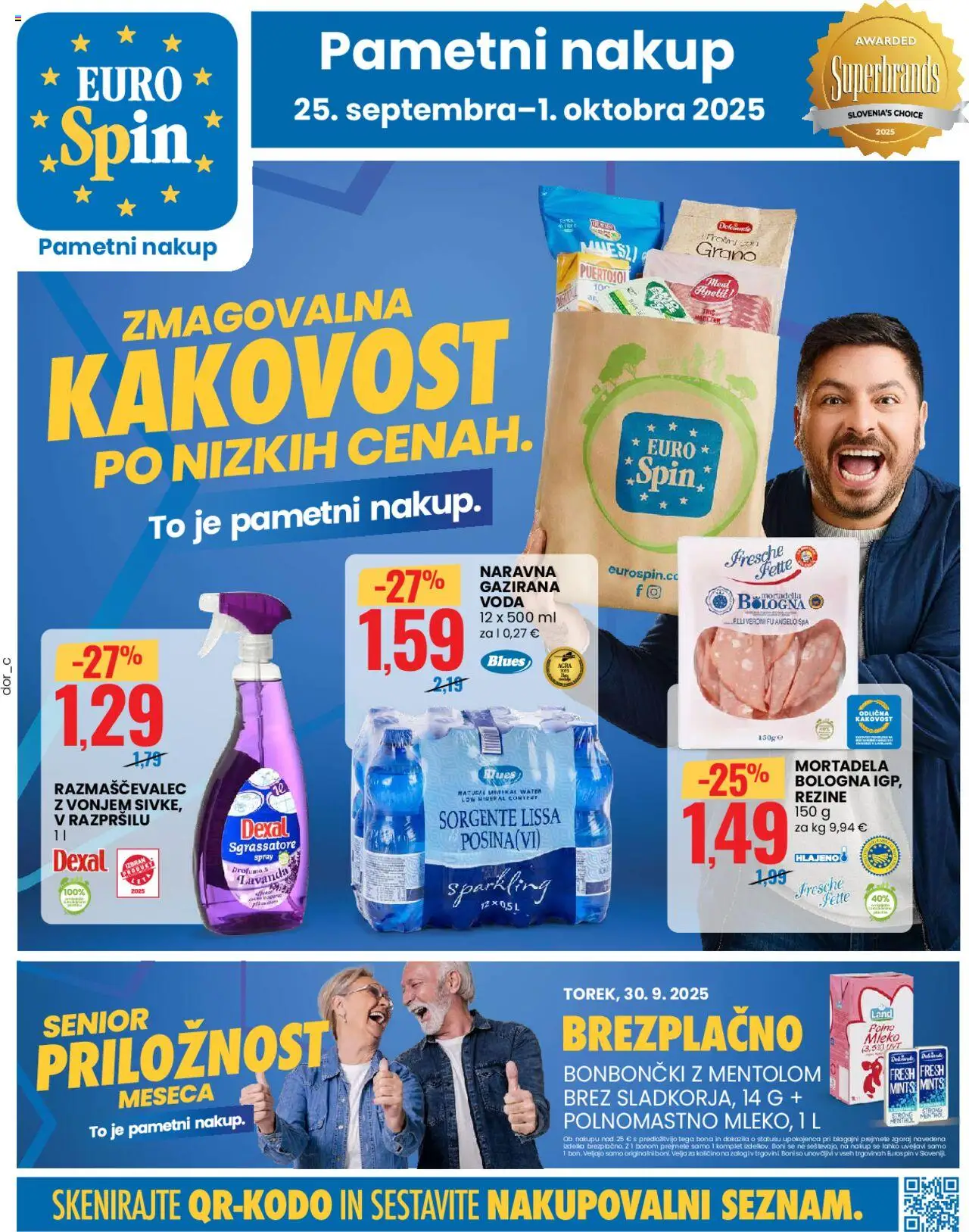 Novi Eurospin katalog ponudbe – veljaven od 25.09.2025 | Stran: 1 | Izdelki: Mortadela, Mleko, Voda