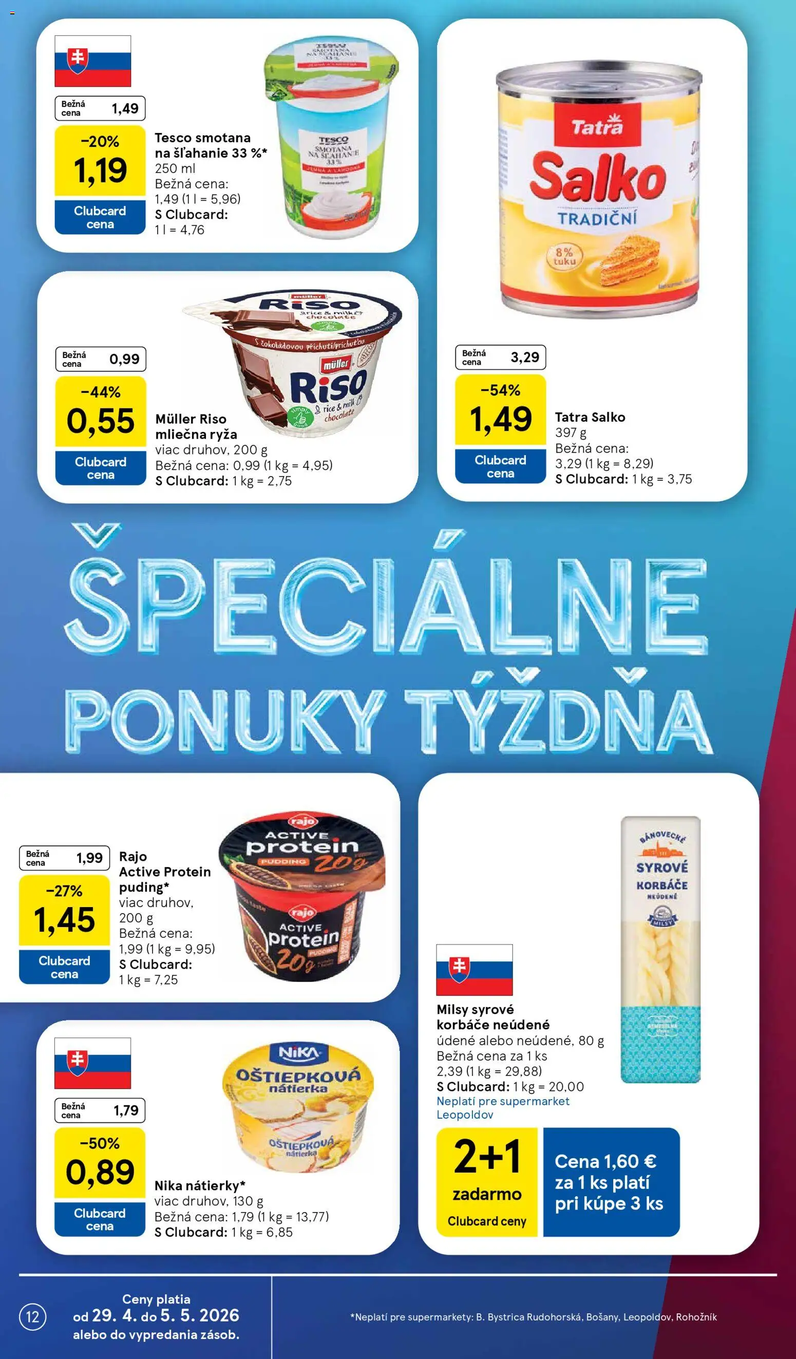 Nové Tesco akcie – leták je platný od 29.04.2026 | Strana: 12 | Produkty: Ryža, Protein, Salko, Smotana na šľahanie