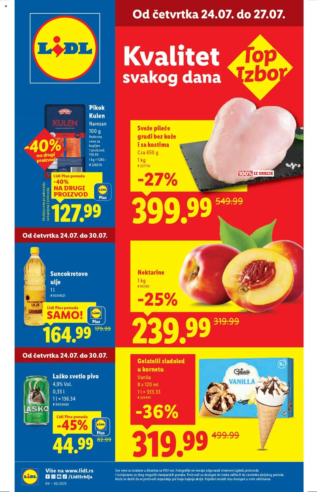 Lidl katalog - važi od 24.07.2025 | Strana: 1 | Proizvode: Sladoled, Pileće grudi, Suncokretovo ulje, Pivo