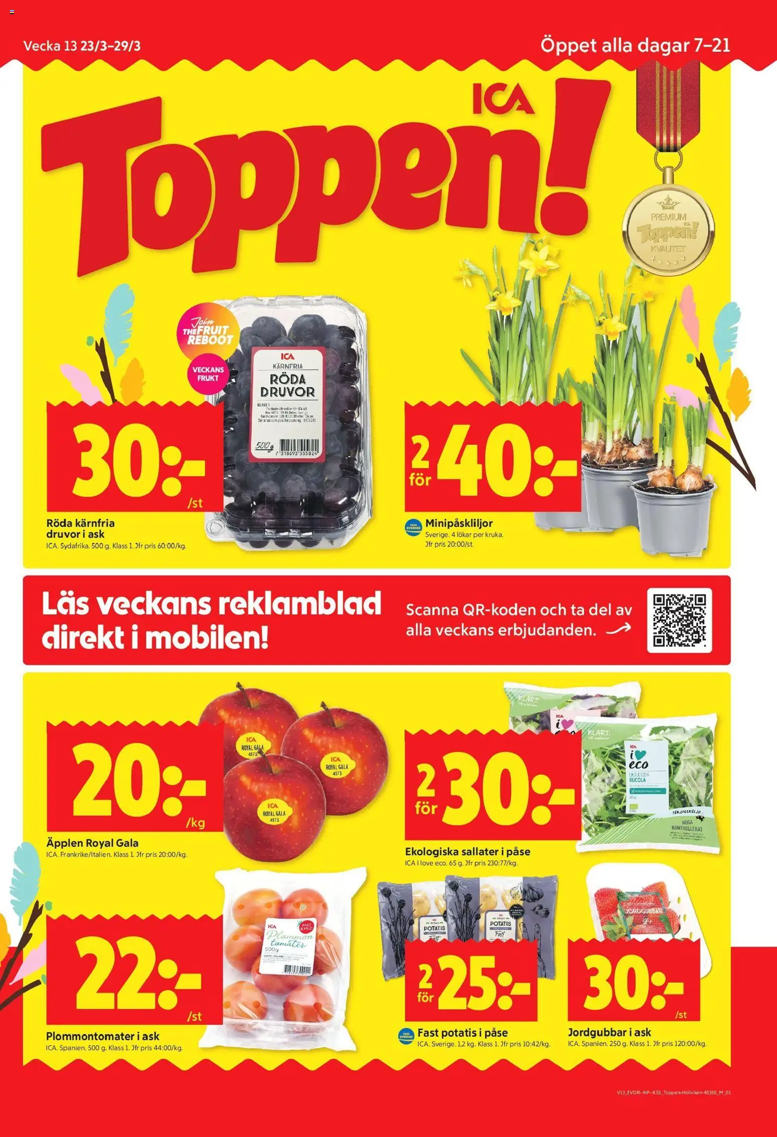 ICA Kvantum reklamblad aktuell från 23.03.2026 | Sida: 1 | Produkter: Plommon, Äpplen, Tomater, Jordgubbar