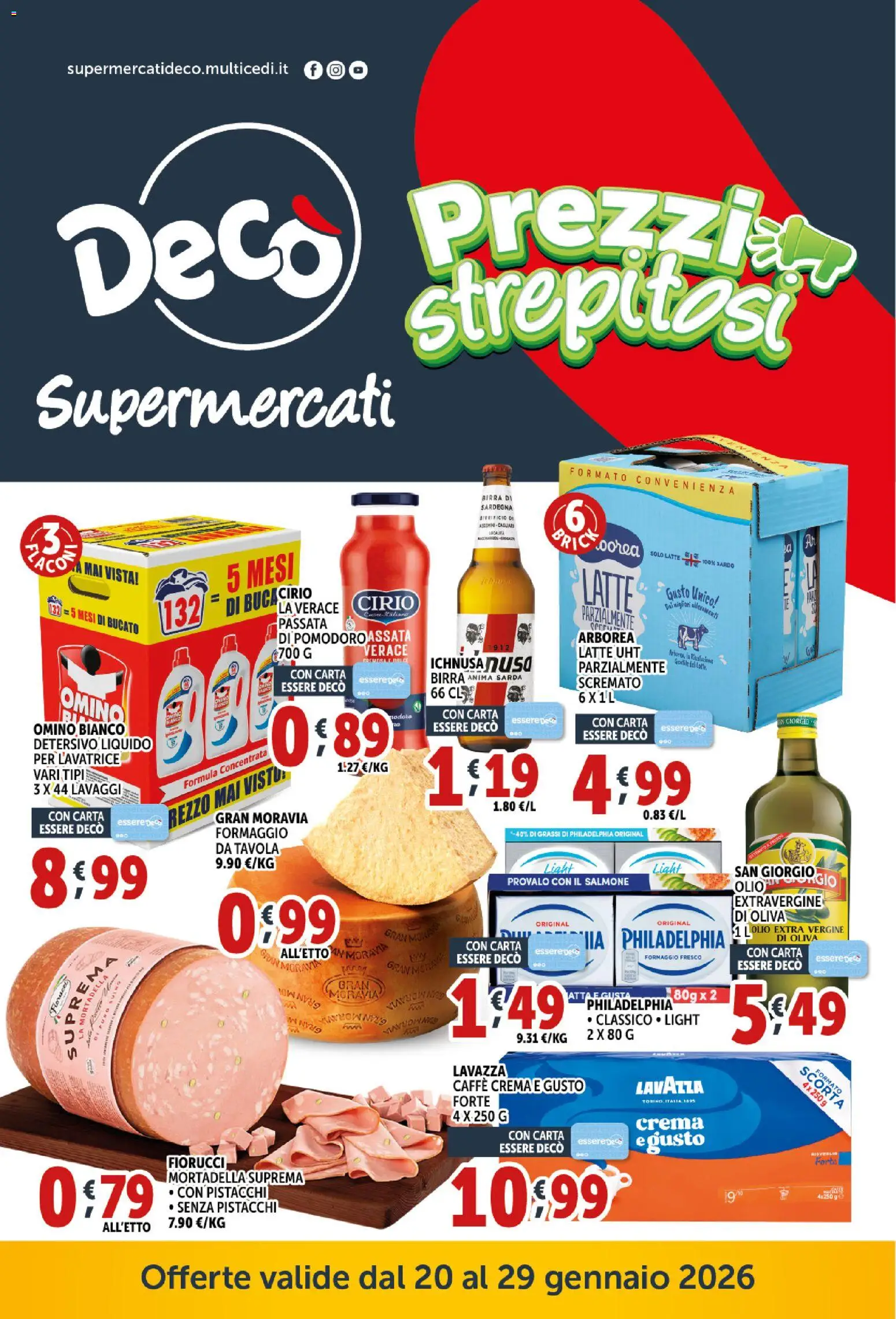 Volantino Decò del 20.01.2026 | Pagina: 1 | Prodotti: Latte, Formaggio, Mortadella, Lavazza