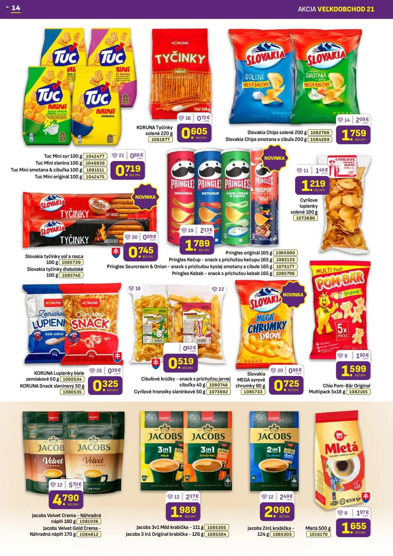 Nové Libex akcie – leták je platný od 20.10.2025 | Strana: 14 | Produkty: Jacobs Velvet, Syr, Slanina, Pringles