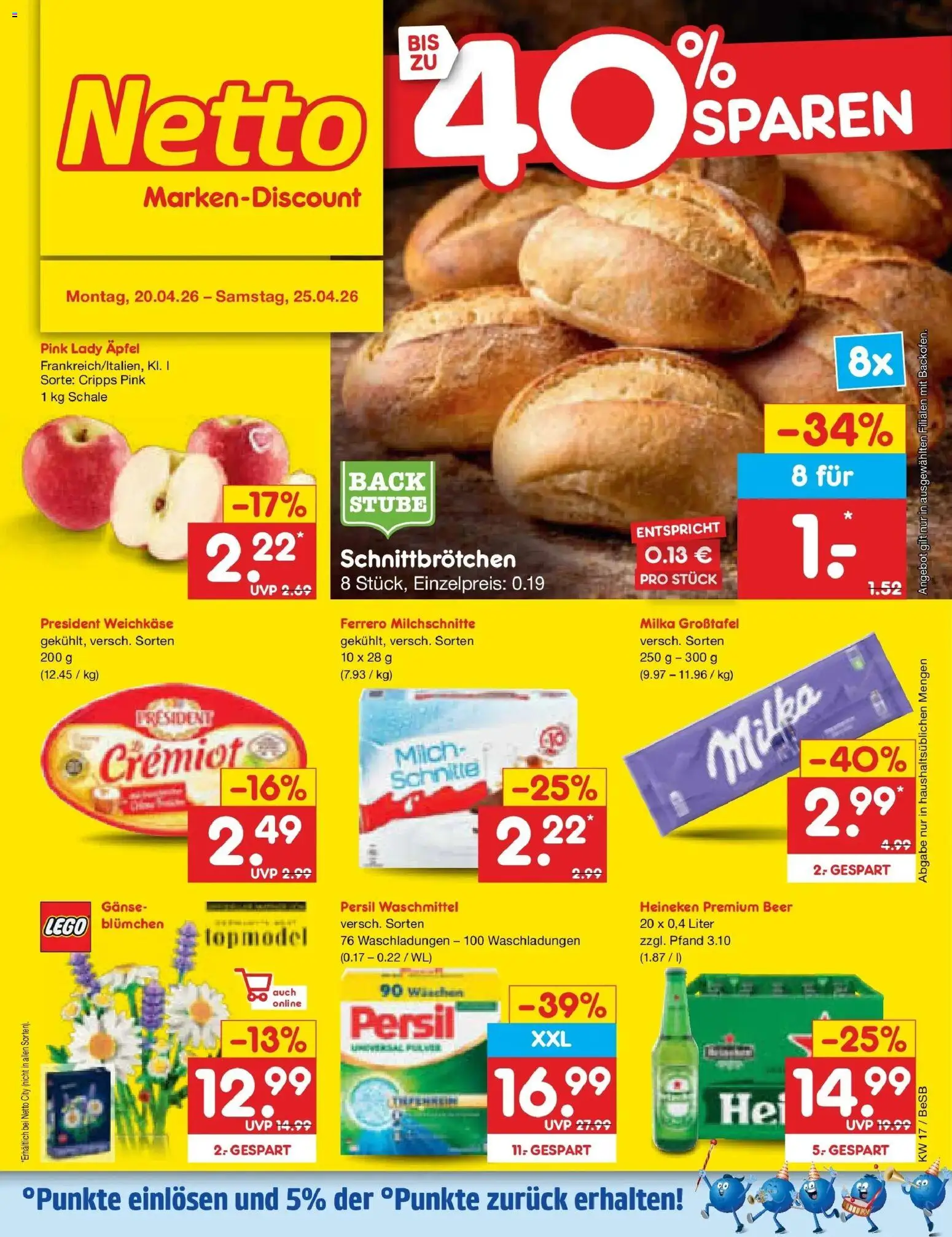 Netto Marken-Discount Prospekt Kremmen	 – gültig ab 20.04.2026 | Seite: 1 | Produkte: Milch, Äpfel, Heineken, Persil