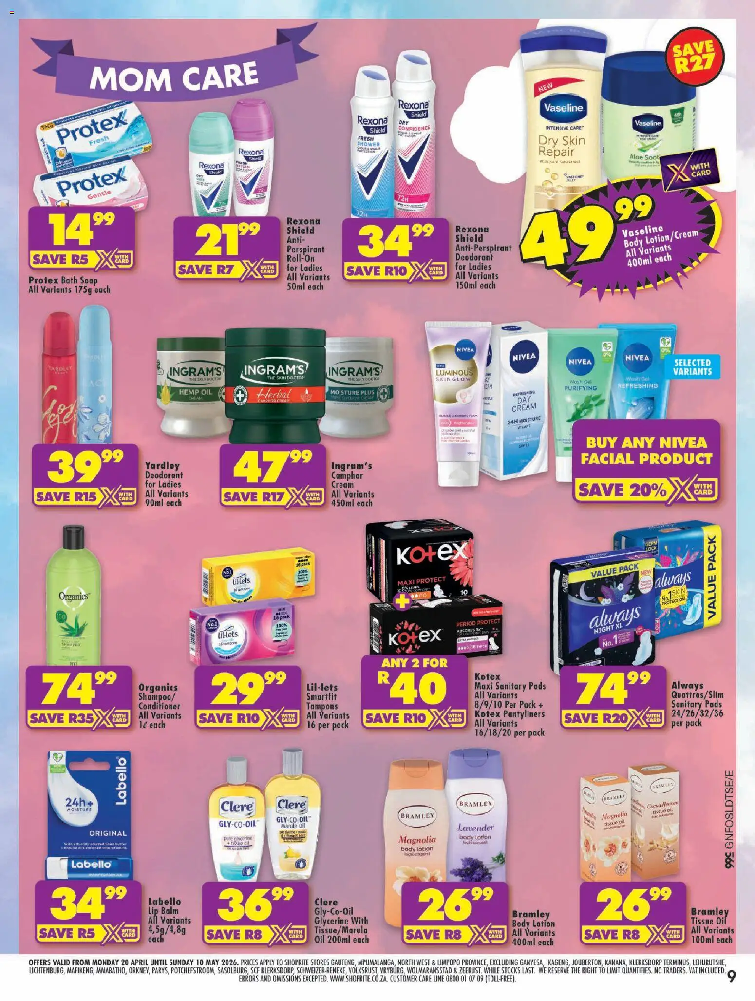 New Shoprite catalogue – valid from 20.04.2026 | Page: 9 | Products: Tissue oil, Oil, Cream, Antiperspirant