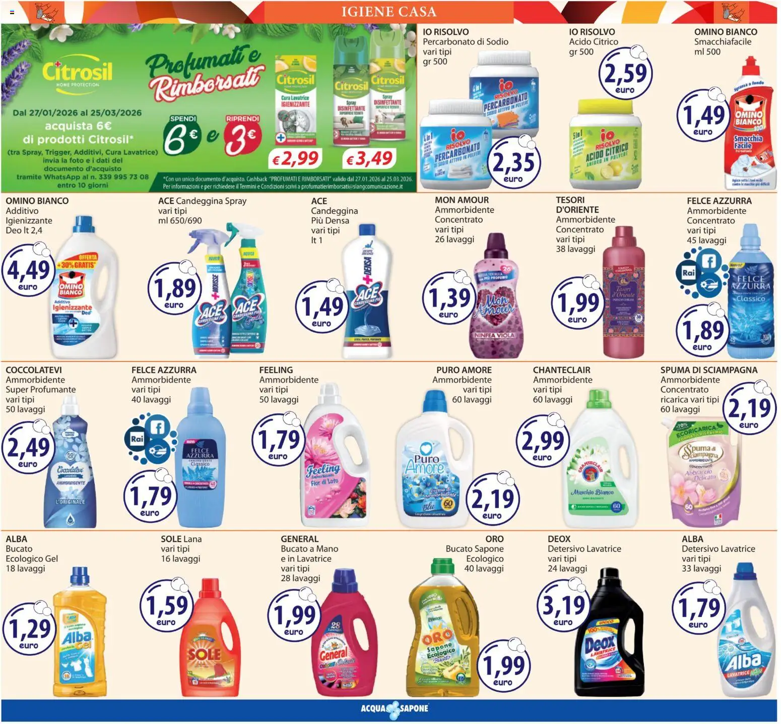 Volantino Acqua e Sapone del 05.03.2026 | Pagina: 19 | Prodotti: Spray disinfettante, Ammorbidente, Lavatrice, Profumo