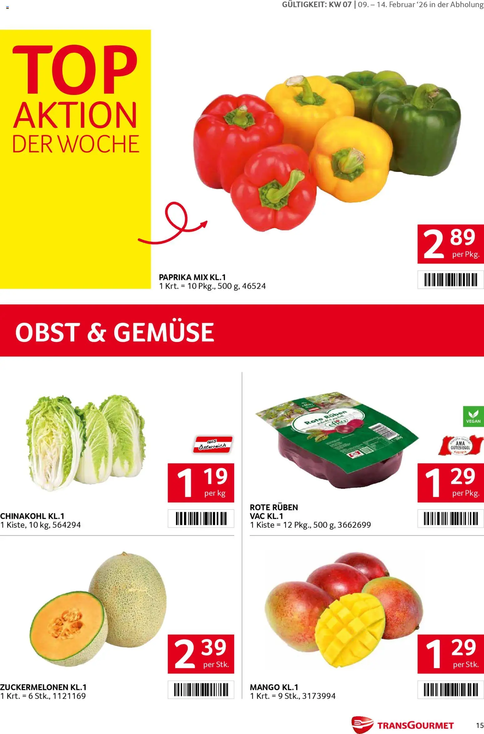 Transgourmet Flugblatt gültig ab 09.02.2026 | Seite: 15 | Produkte: Gemüse, Obst, Mango, Chinakohl