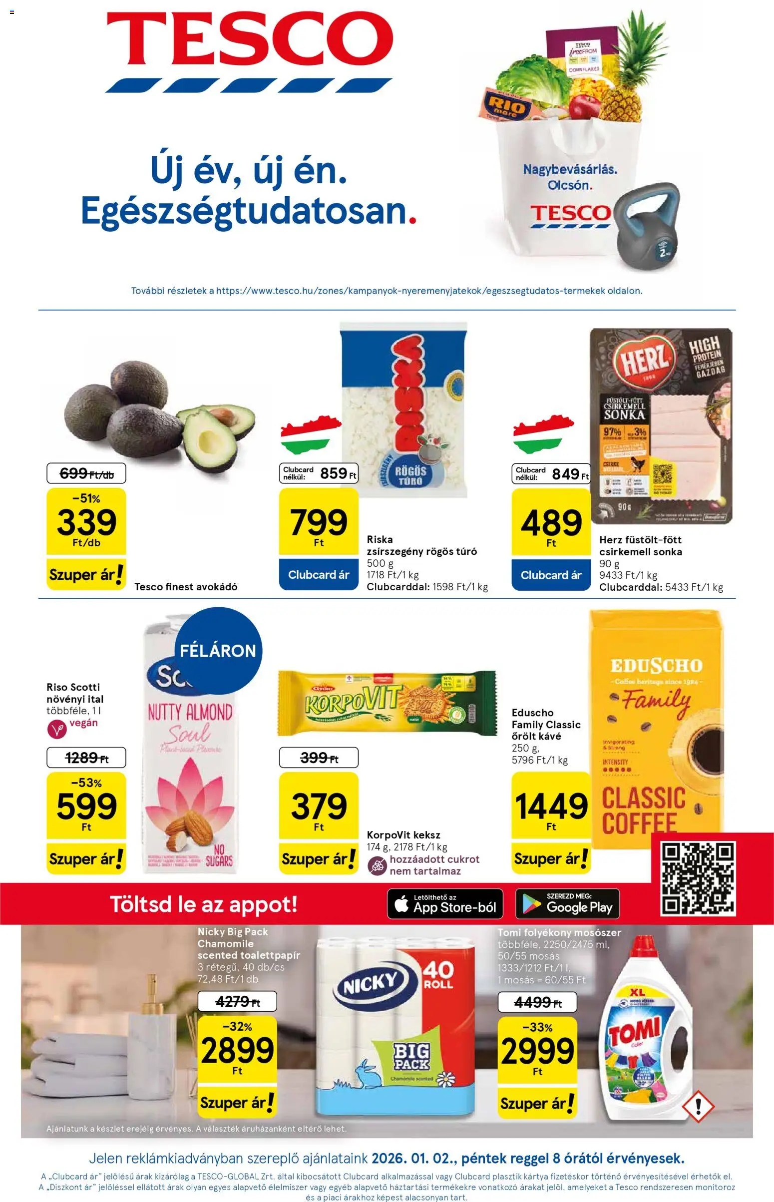 Tesco akciós ujság - amely érvényes a következő dátumtól: 02.01.2026 | Oldal: 1 | Termékek: Protein, Folyékony mosószer, Őrölt kávé, Avokádó