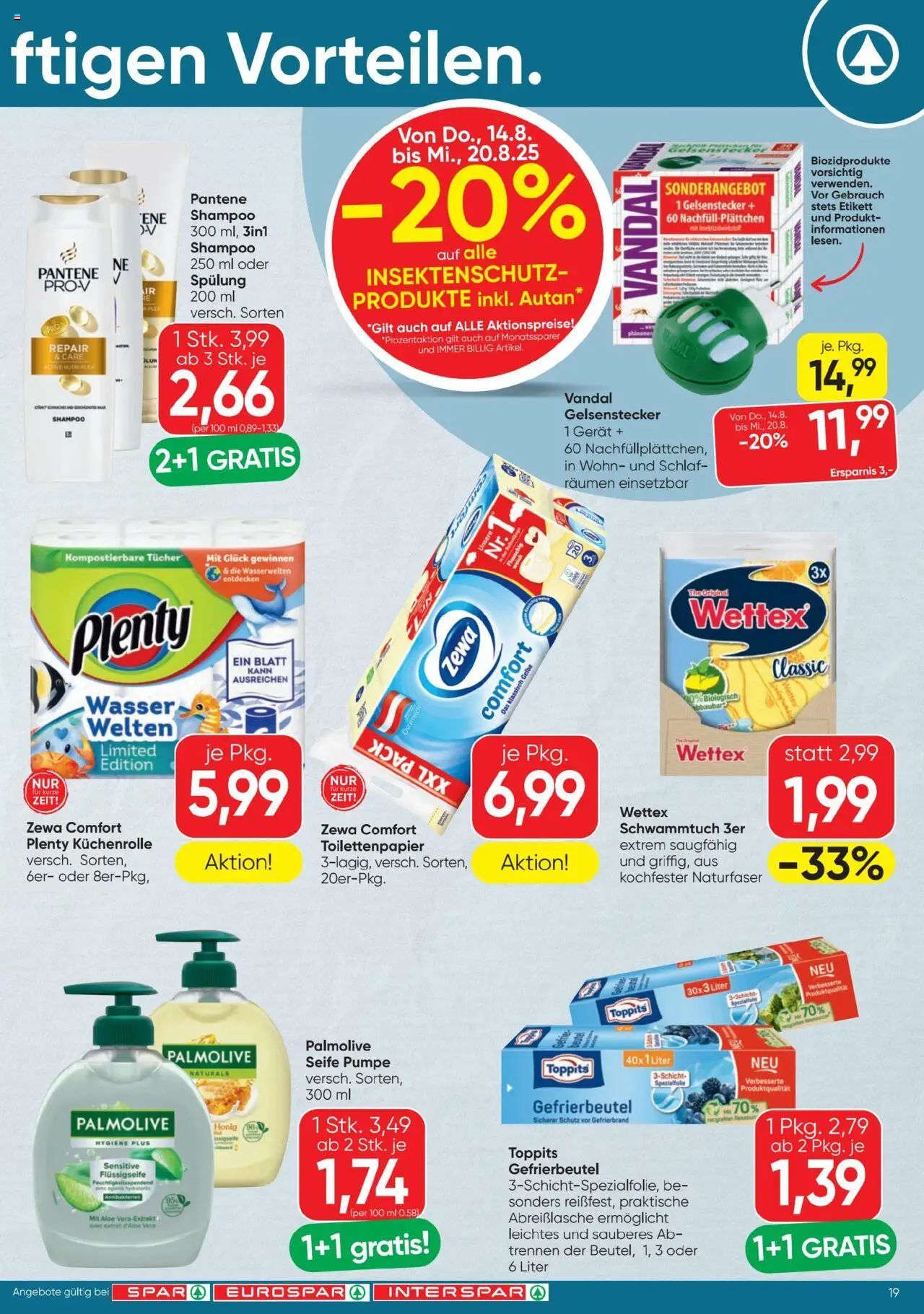 Spar Flugblatt gültig ab 14.08.2025 | Seite: 19 | Produkte: Wasser, Shampoo, Spülung, Seife