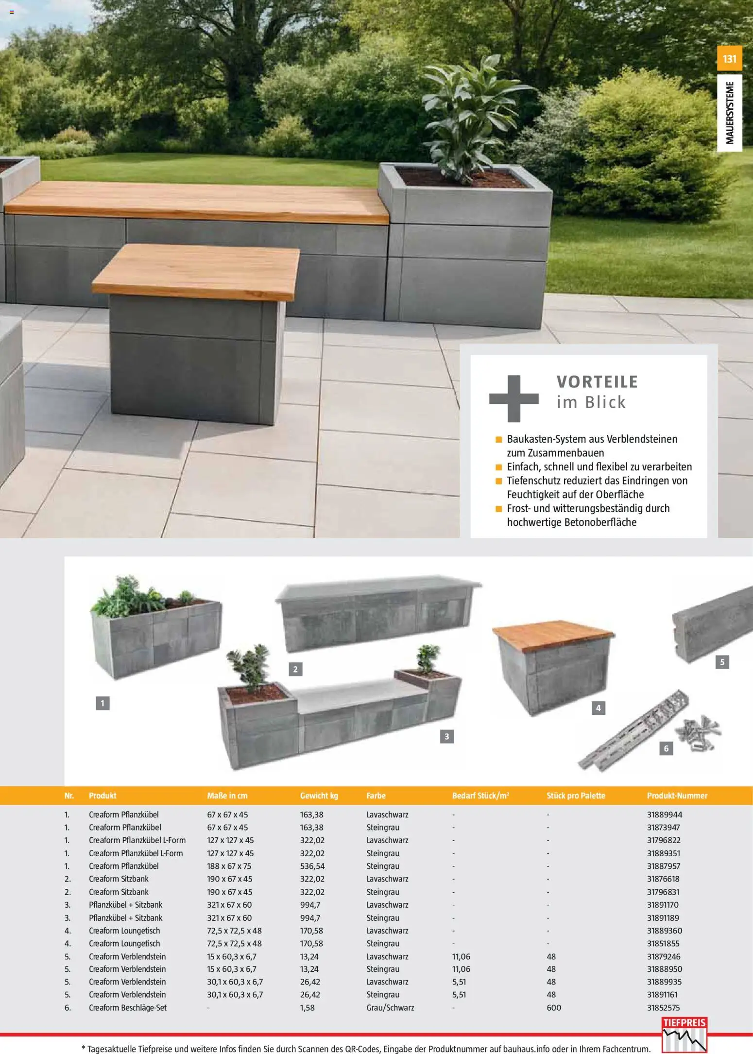 Bauhaus Gartenbaumaterialien 2026 – gültig ab 02.03.2026 | Seite: 131 | Produkte: Gewicht, Sitzbank
