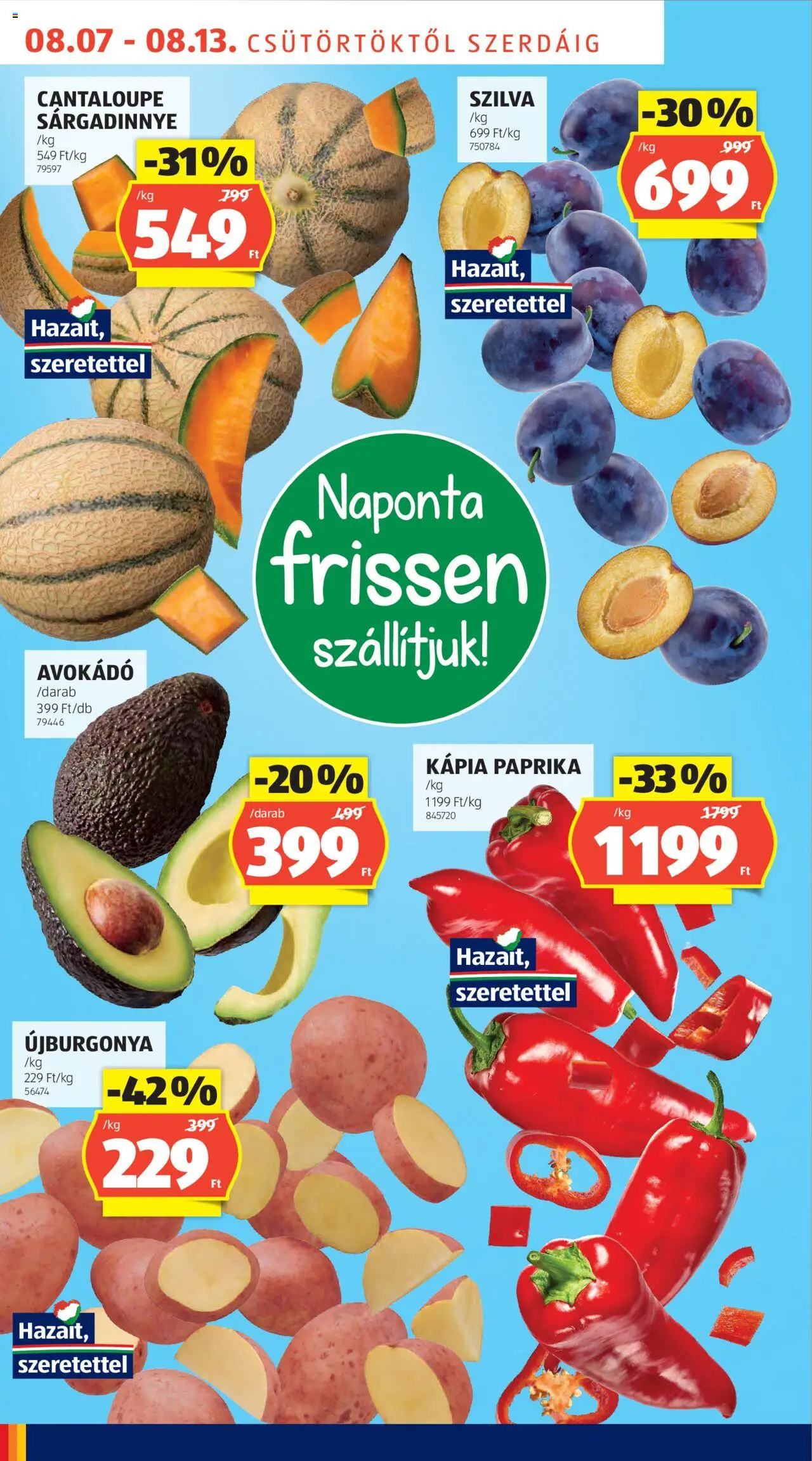 Aldi akciós ujság - amely érvényes a következő dátumtól: 07.08.2025 | Oldal: 8 | Termékek: Szilva, Avokádó, Sárgadinnye, Kápia paprika
