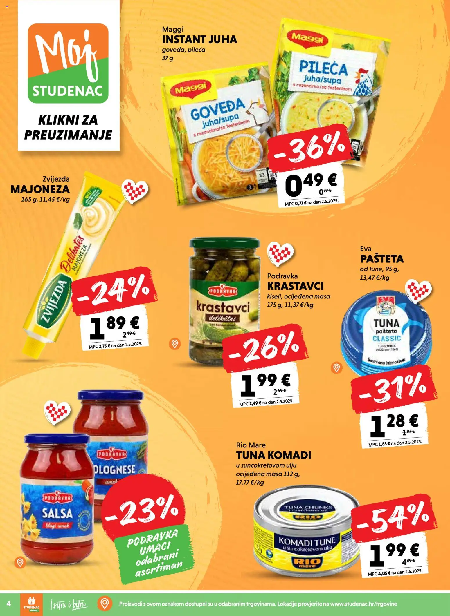 Studenac katalog | vrijedi od 25.03.2026 | Stranica: 4 | Proizvodi: Rio Mare, Krastavci, Juha, Majoneza