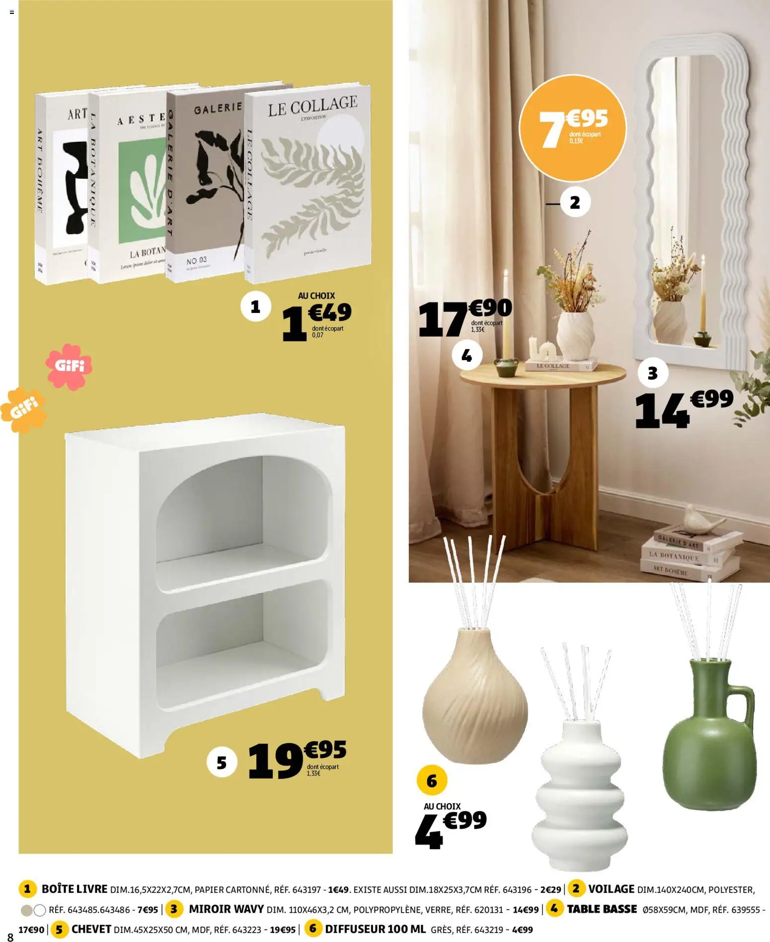 {H1} | Page: 8 | Produits: Diffuseur, Table basse, Miroir, Livre