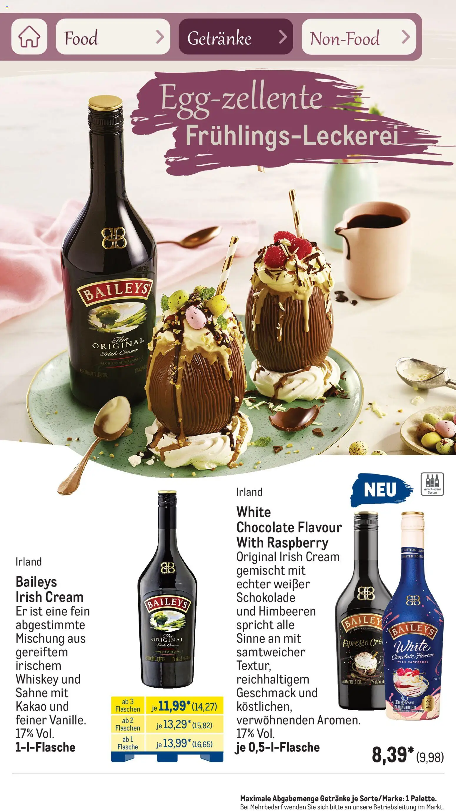 Metro Saisonkatalog Frühlingsgenuss – gültig ab 01.03.2026 | Seite: 72 | Produkte: Himbeeren, Baileys, Sahne, Whiskey