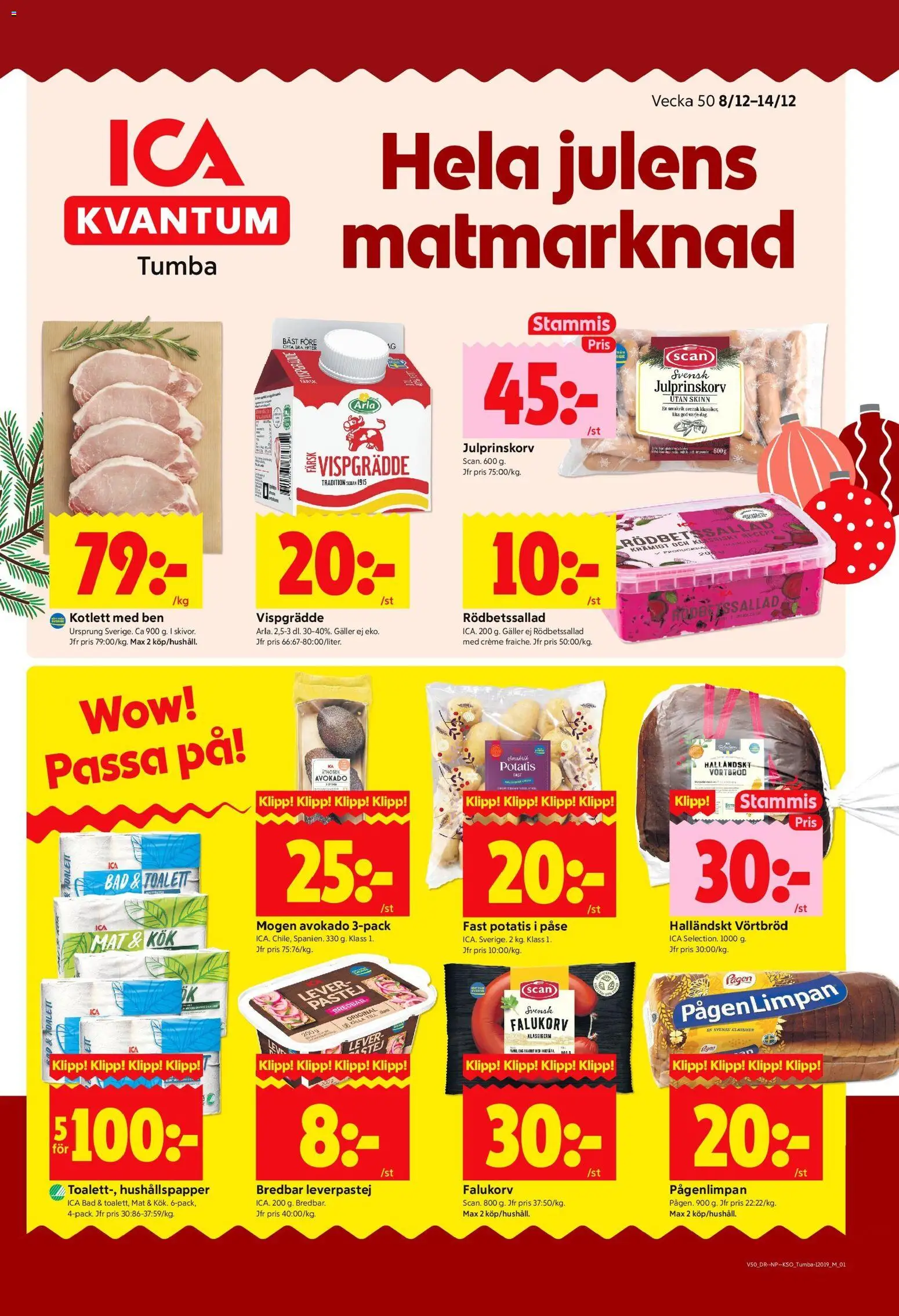 ICA Kvantum reklamblad aktuell från 08.12.2025 | Sida: 1 | Produkter: Falukorv, Leverpastej, Toalett, Vispgrädde