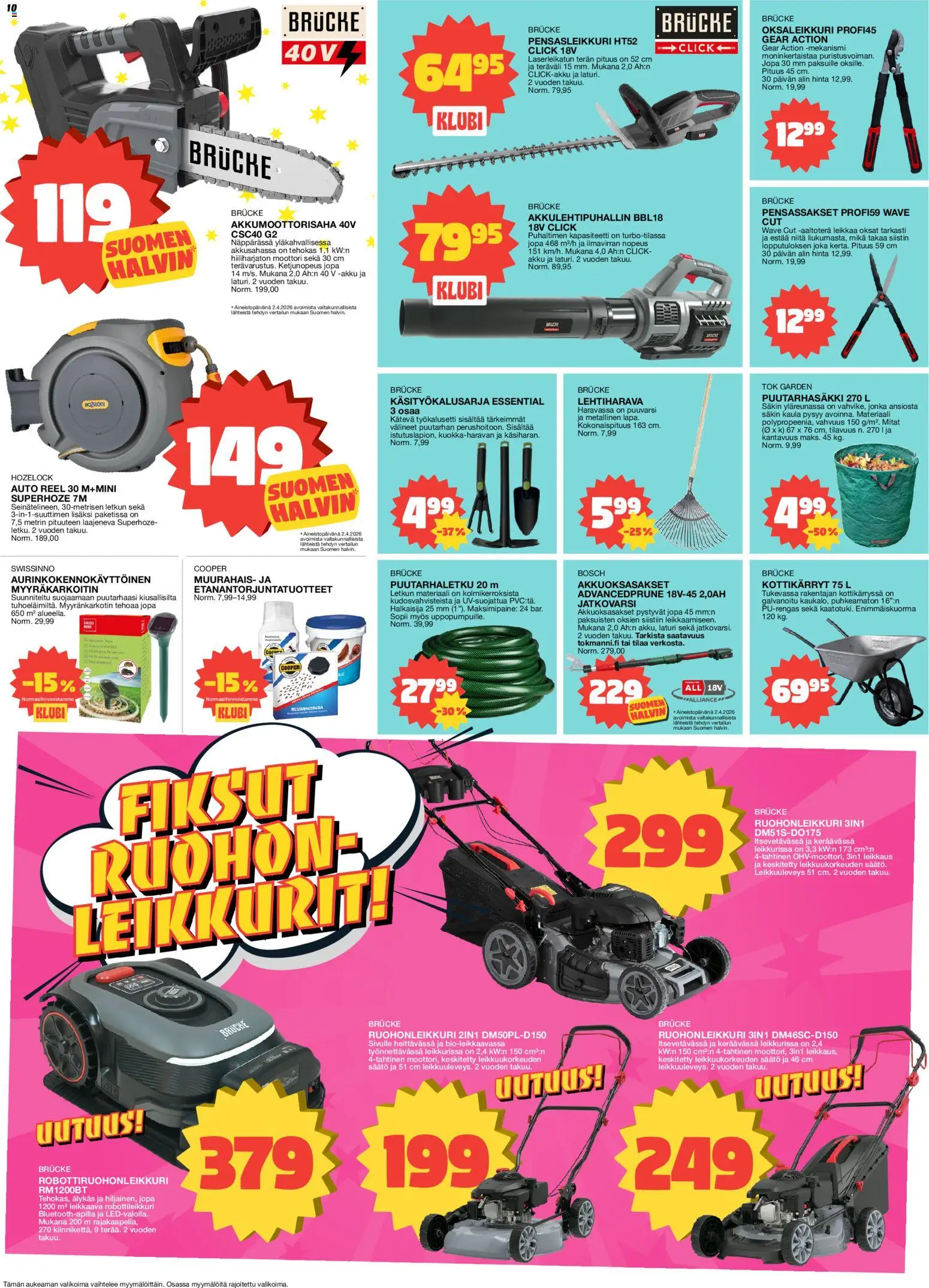 Tokmanni tarjoukset – voimassa 20.04.2026 alkaen | Sivu: 10 | Tuotteet: Puutarhaletku, Ruohonleikkuri, Akku, Kottikärryt