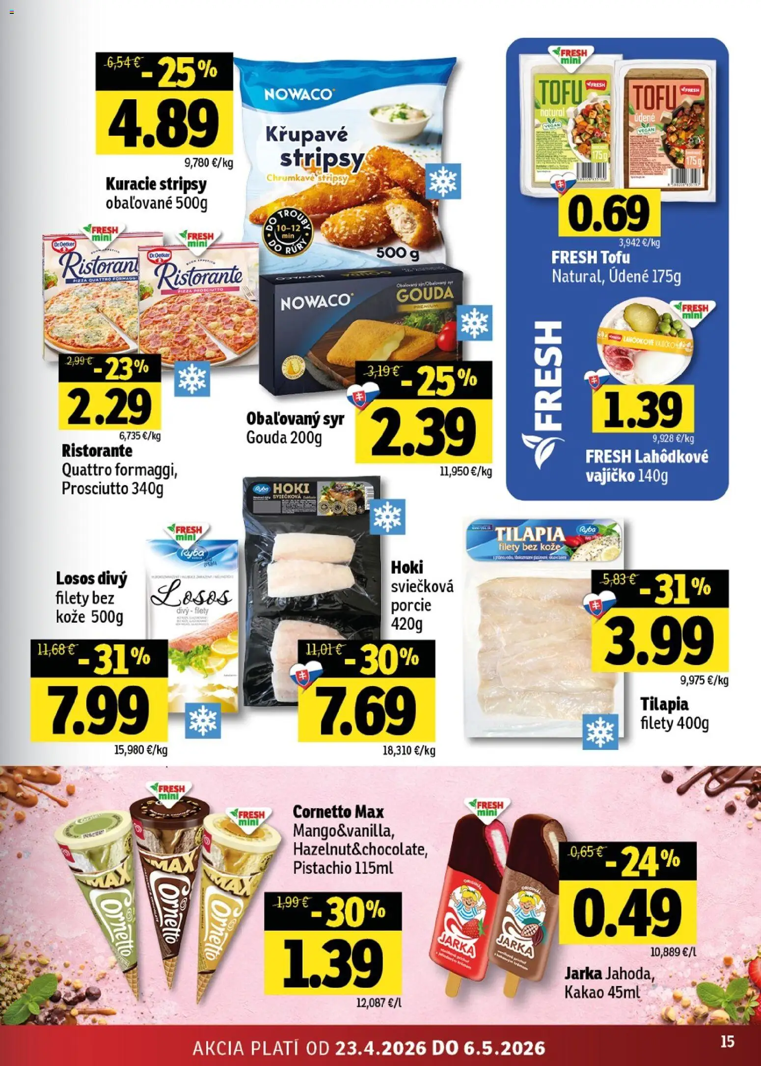 Nové Fresh akcie – leták je platný od 23.04.2026 | Strana: 15 | Produkty: Gouda, Tofu, Losos, Kakao