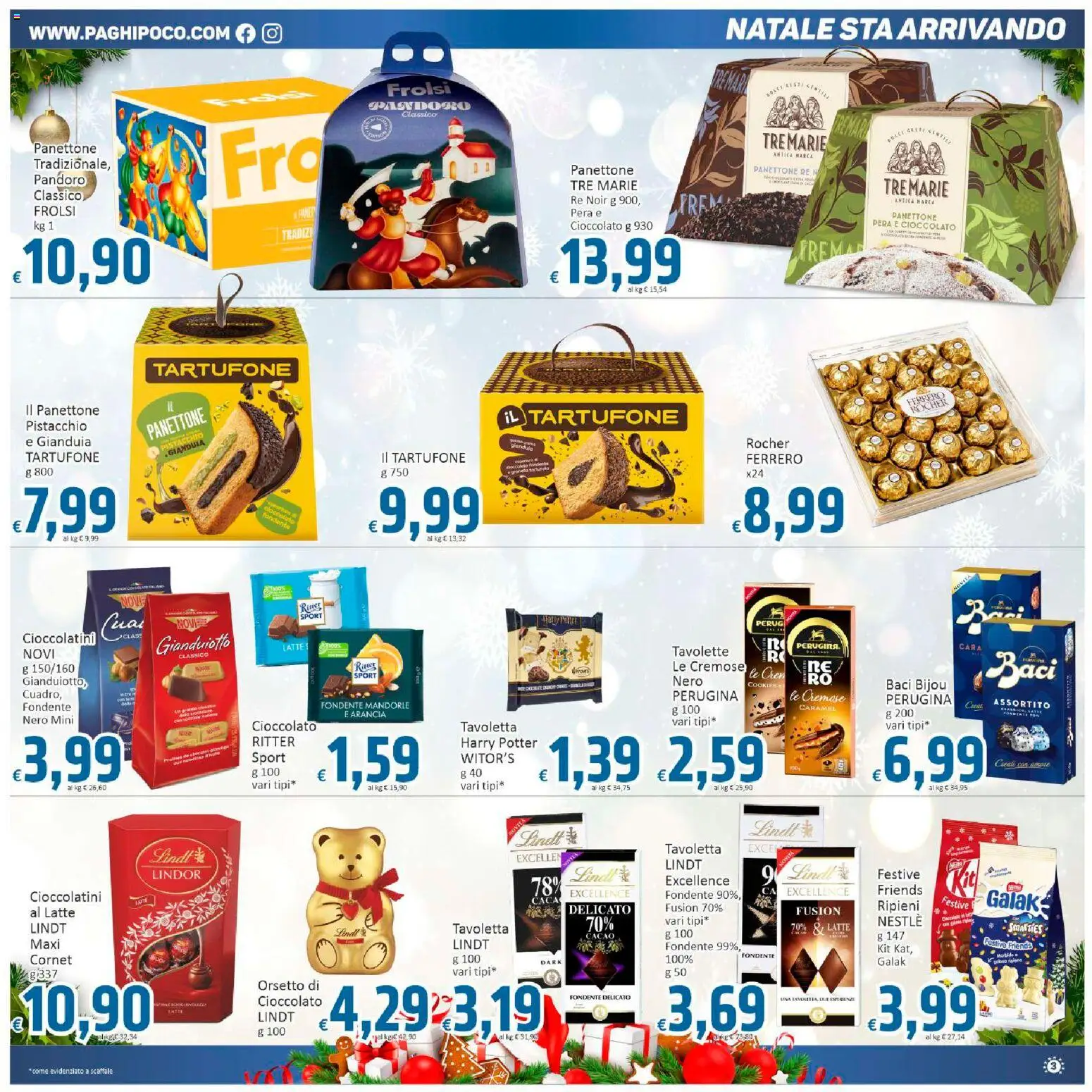 Volantino Paghi Poco del 05.12.2025 | Pagina: 3 | Prodotti: Pandoro, Pera, Arancia, Cioccolatini