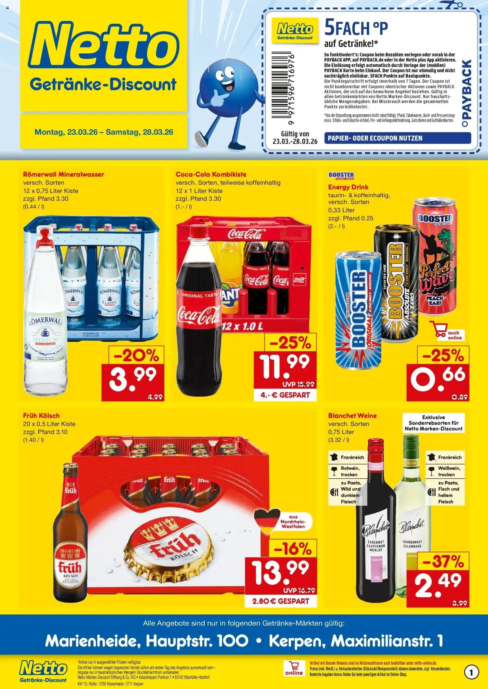 Netto Marken-Discount Prospekt Marienheide	 – gültig ab 23.03.2026 | Seite: 1 | Produkte: Cola, Merlot, Mineralwasser, Fleisch