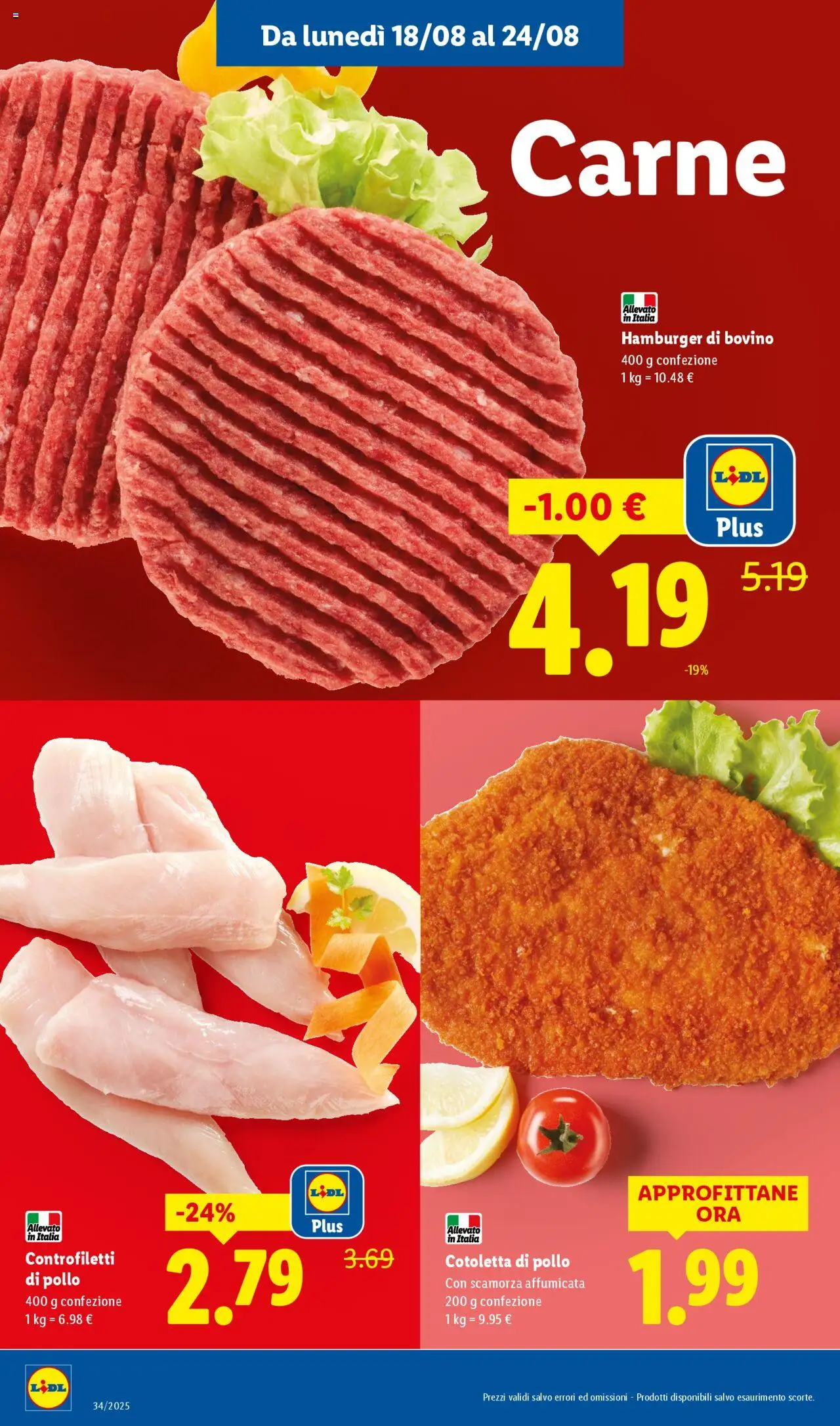 Volantino Lidl del 18.08.2025 | Pagina: 4 | Prodotti: Bovino, Pollo, Hamburger