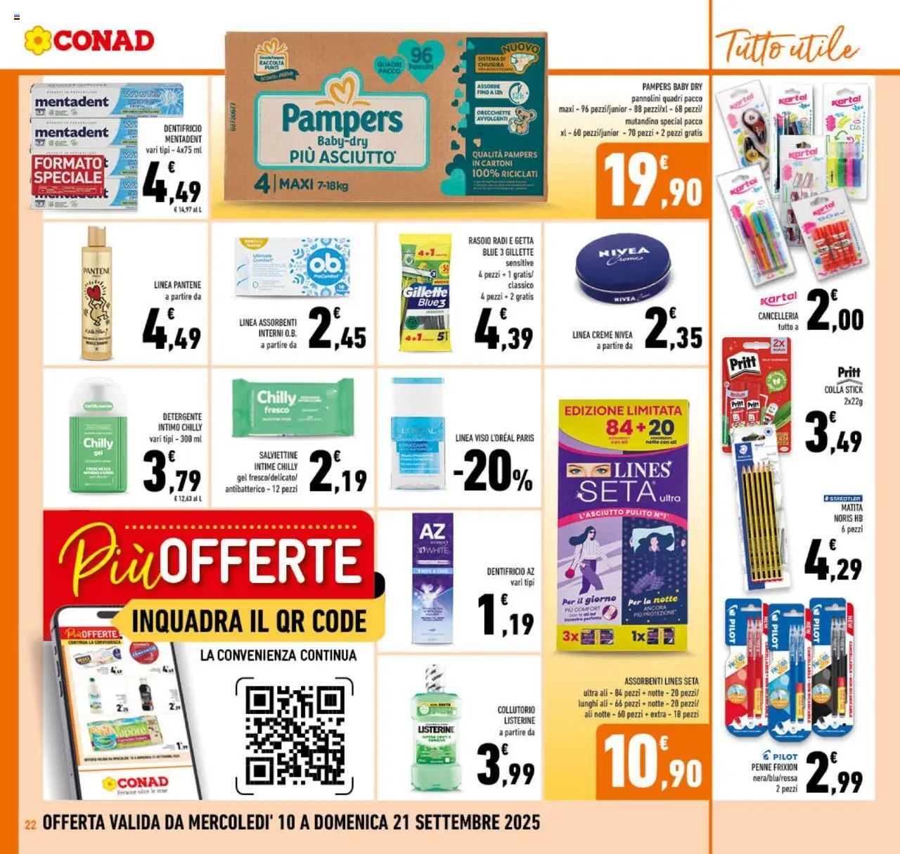 Volantino Conad del 10.09.2025 | Pagina: 22 | Prodotti: Rasoio, Pampers, Orecchiette, Penne