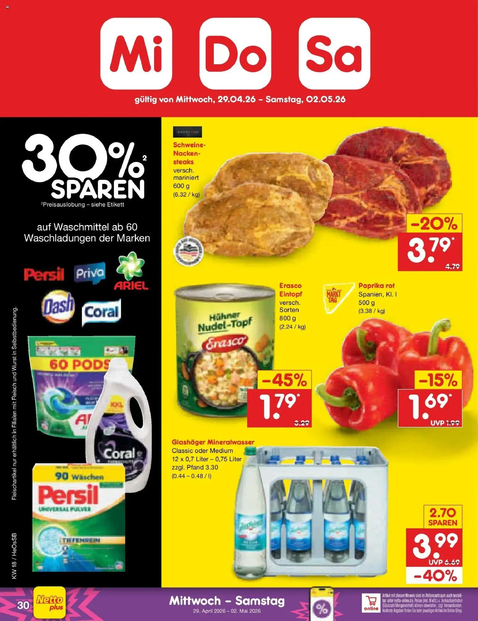 Netto Marken-Discount Prospekt Kröpelin	 – gültig ab 27.04.2026 | Seite: 38 | Produkte: Mineralwasser, Paprika, Fleisch, Persil