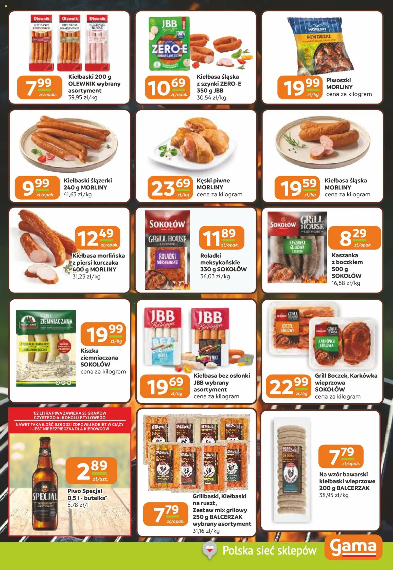 Gama gazetka od 23.04.2026 | Strona: 3 | Produkty: Kiełbasa, Kiełbaski, Kiełbasa śląska, Piwo