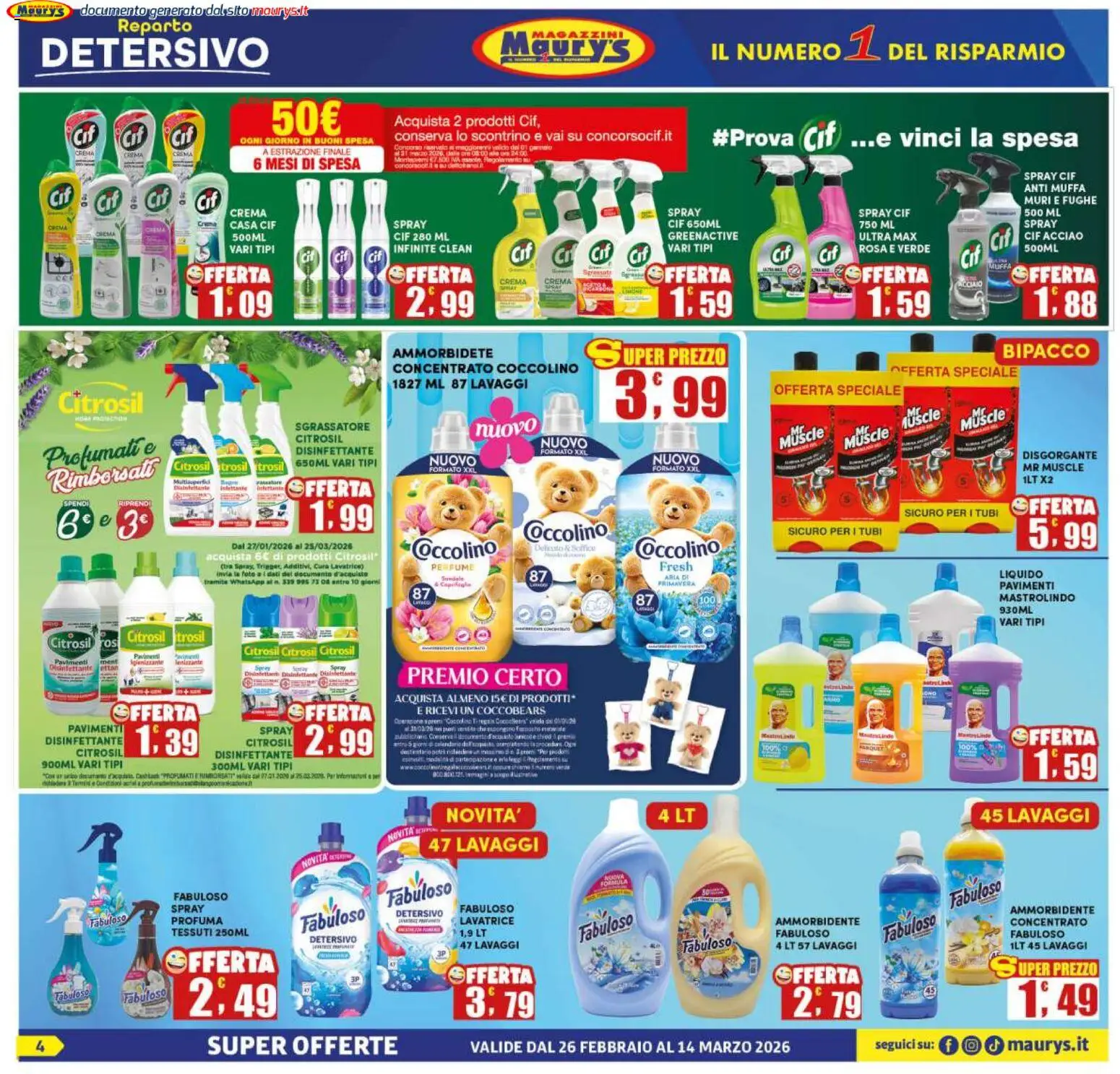 Volantino Maury's del 26.02.2026 | Pagina: 4 | Prodotti: Crema, Ammorbidente, Sgrassatore, Lavatrice